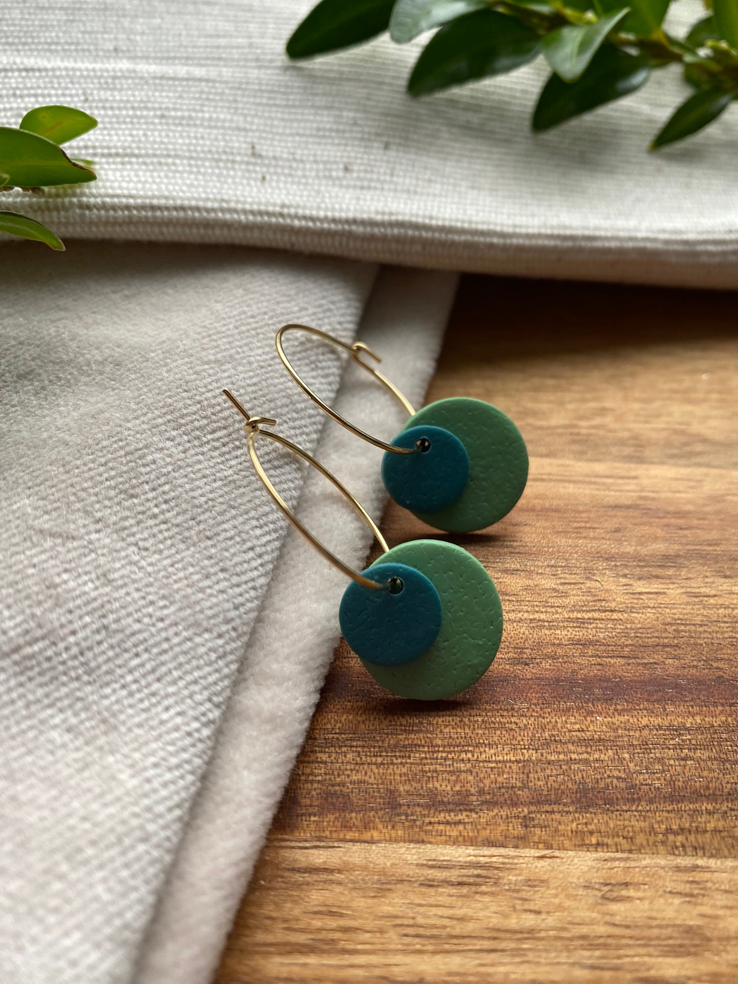 Hoops - double dots - green tones on gold hoops