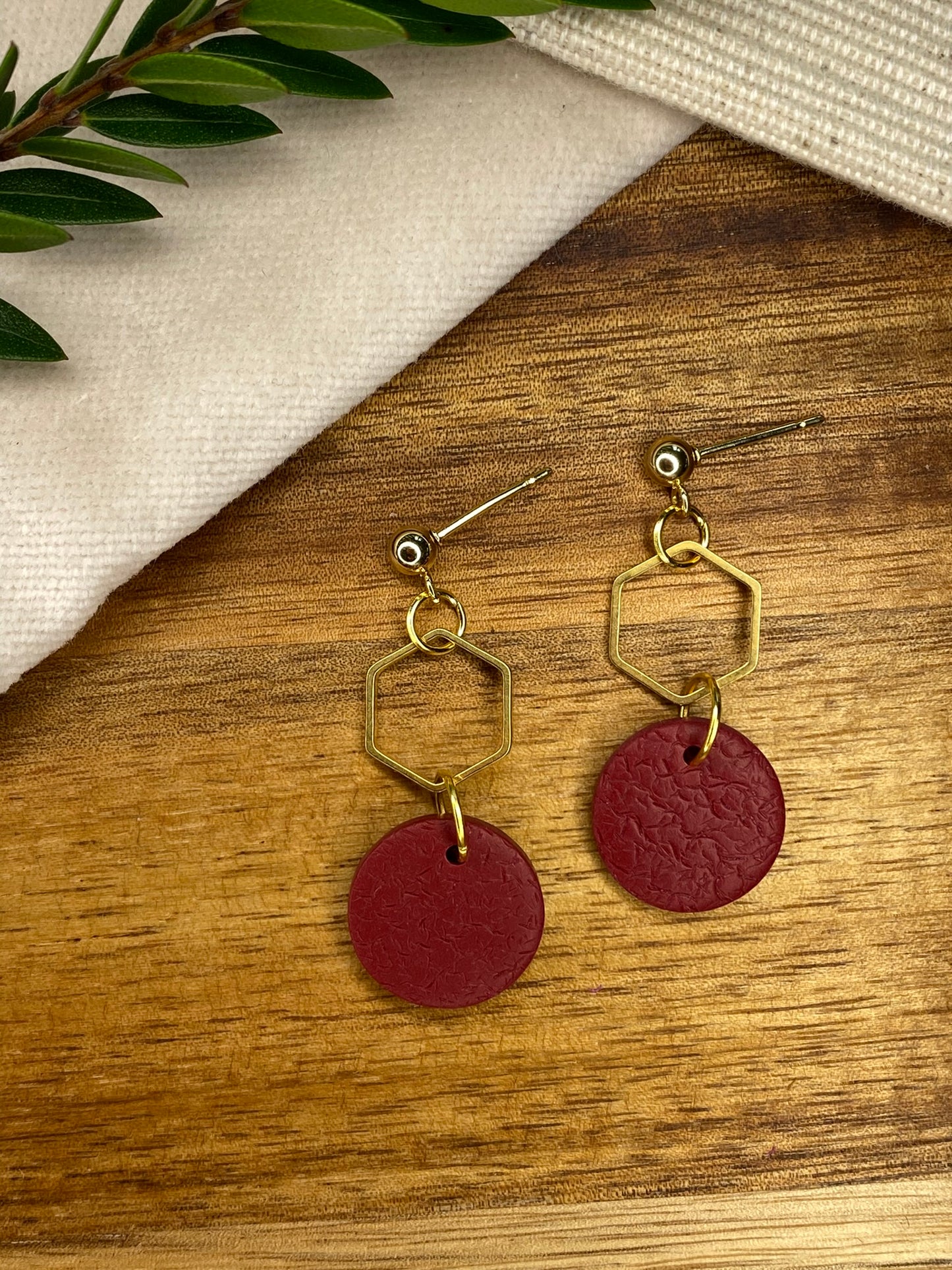 Medium dangles - textured burgundy circles with gold hexagon