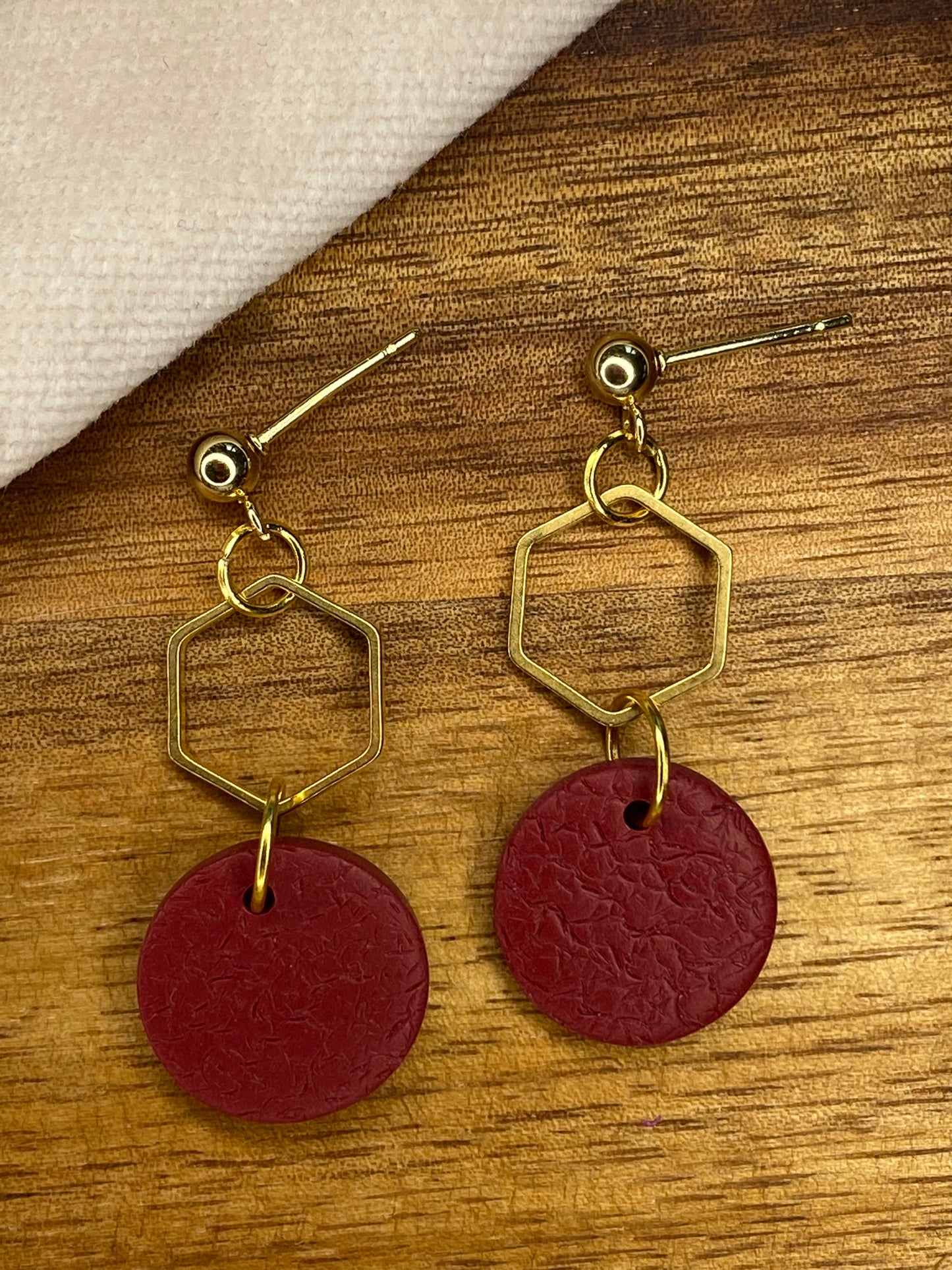 Medium dangles - textured burgundy circles with gold hexagon