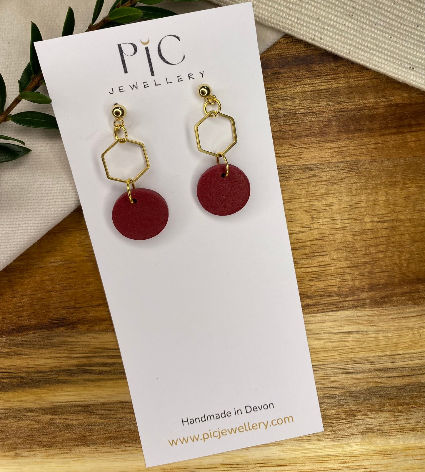 Medium dangles - textured burgundy circles with gold hexagon