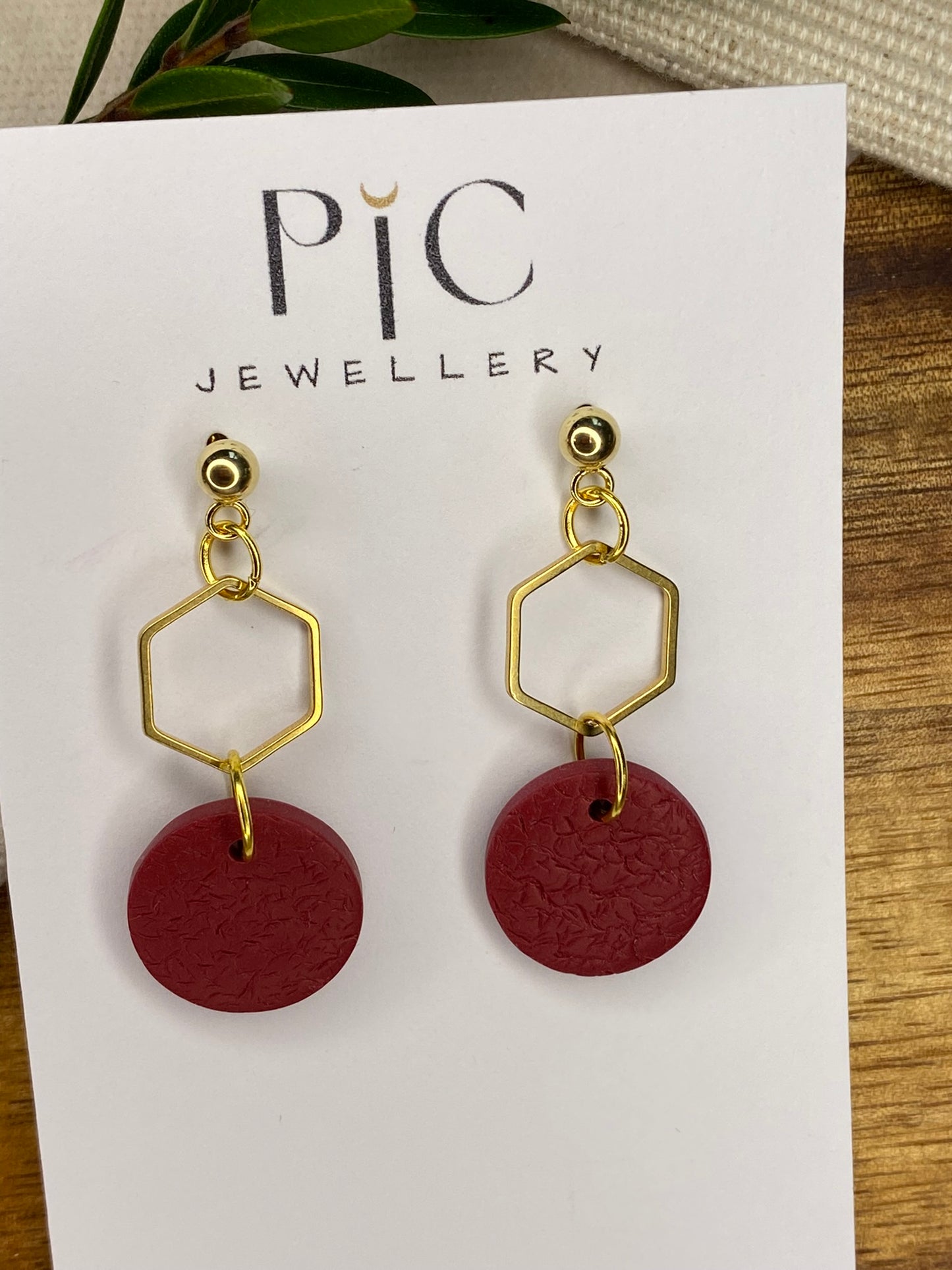 Medium dangles - textured burgundy circles with gold hexagon
