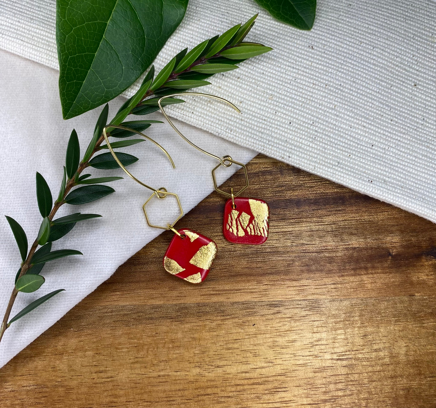 Statement dangles - red and gold square with gold metal hexagon
