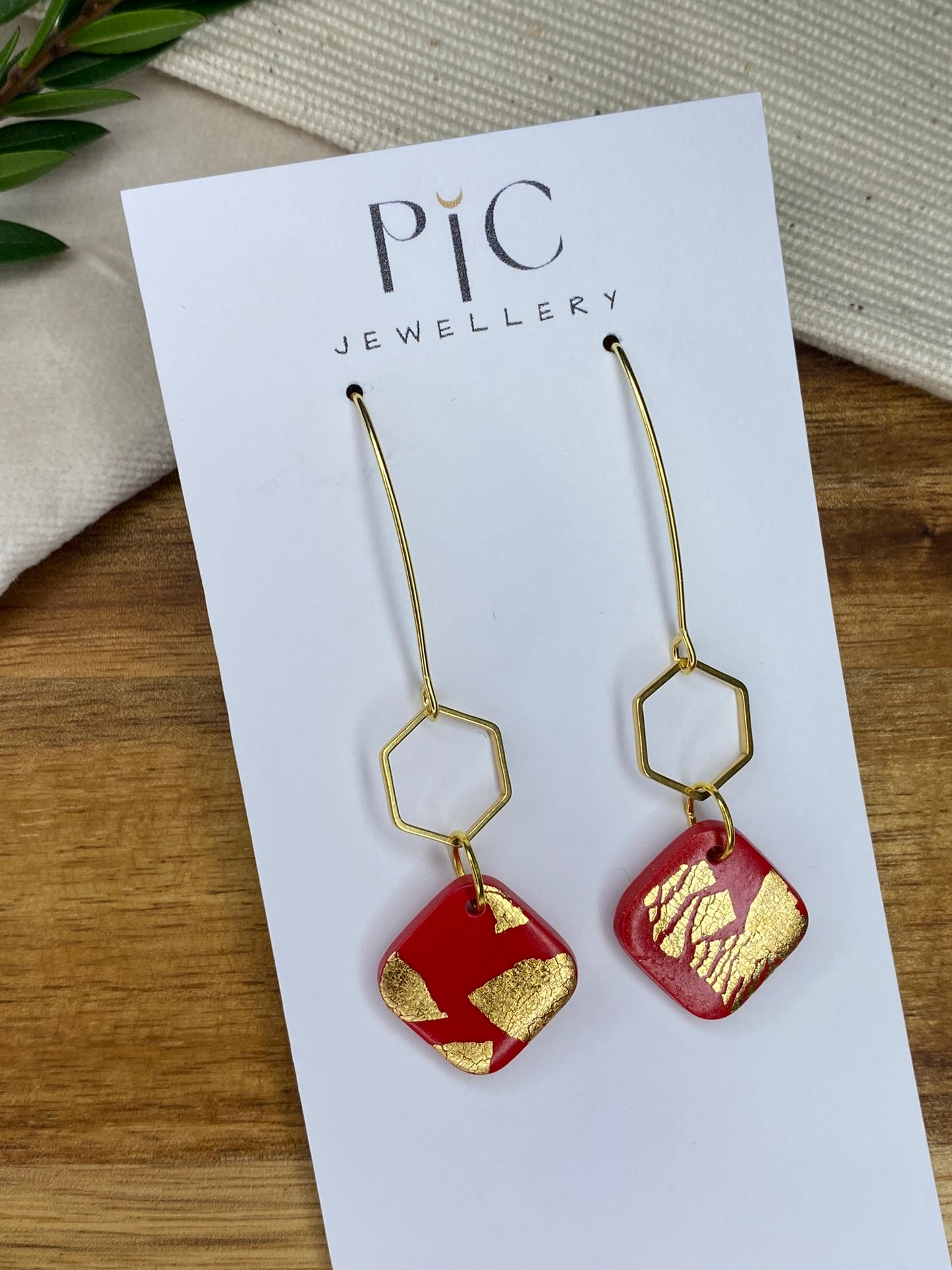 Statement dangles - red and gold square with gold metal hexagon