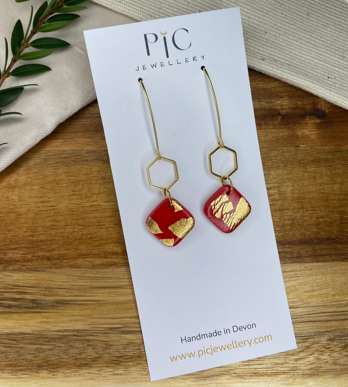 Statement dangles - red and gold square with gold metal hexagon