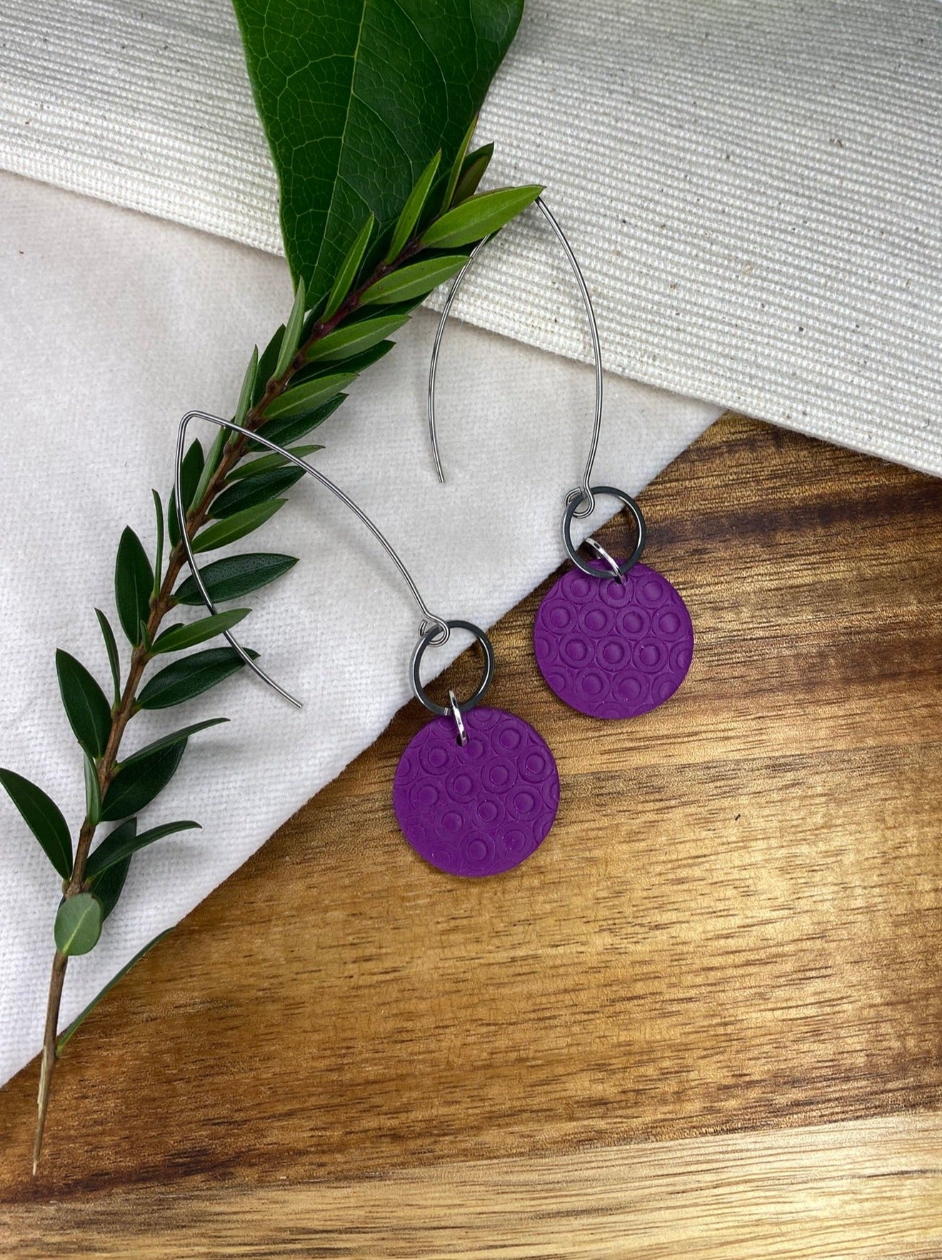 Statement dangles - textured purple medium circles with stainless steel circle