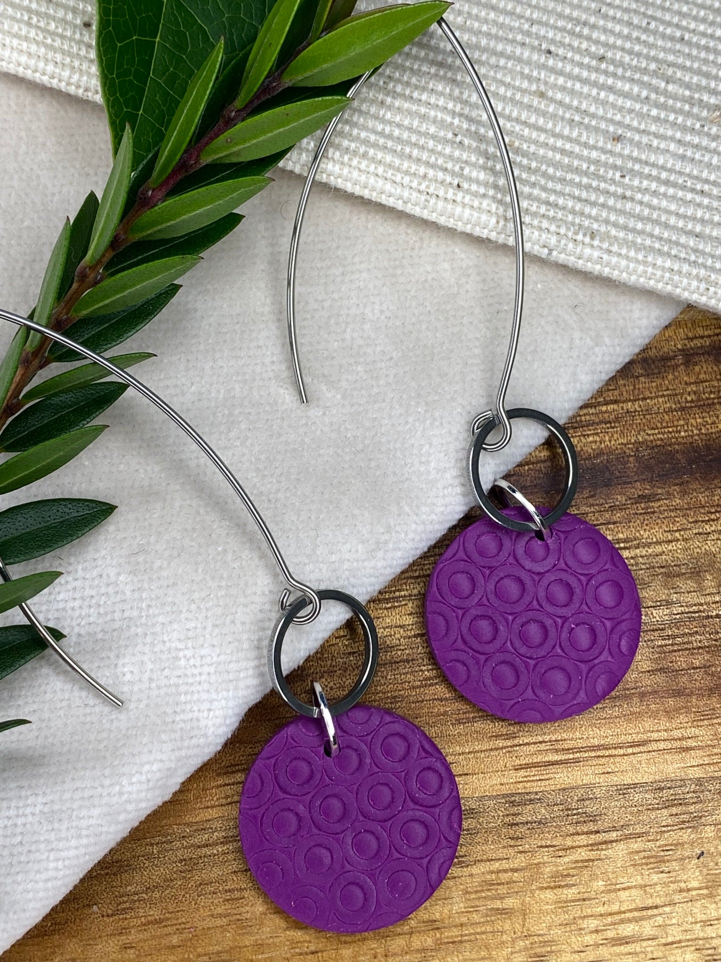 Statement dangles - textured purple medium circles with stainless steel circle