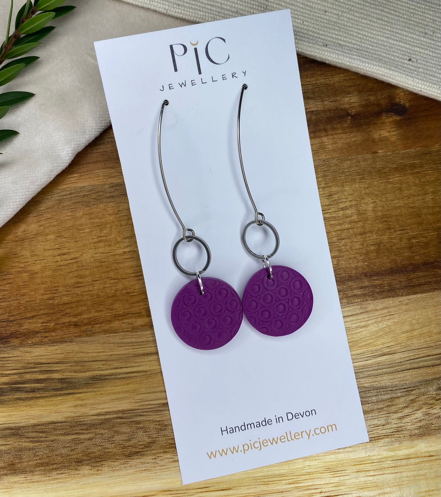 Statement dangles - textured purple medium circles with stainless steel circle