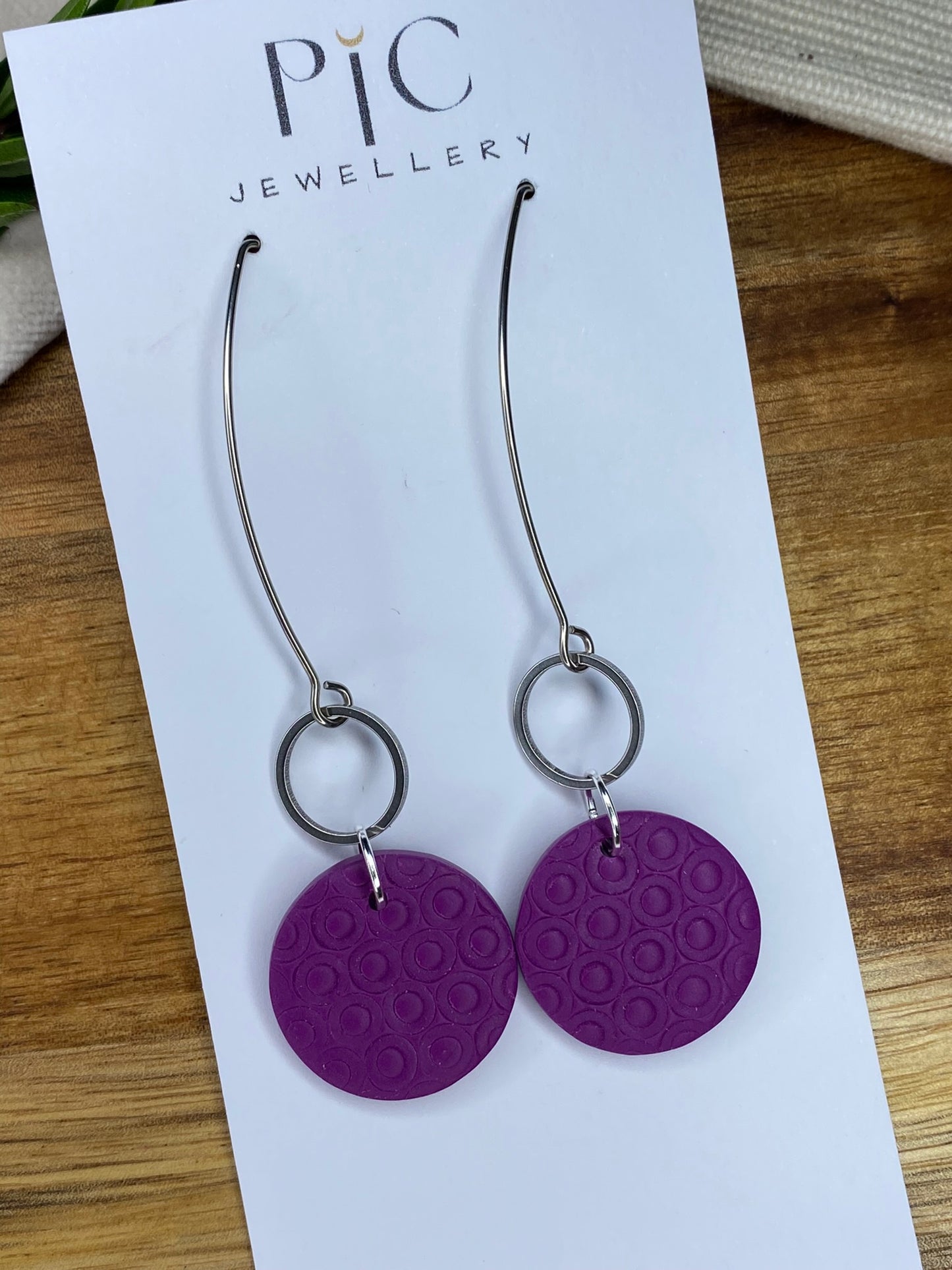 Statement dangles - textured purple medium circles with stainless steel circle