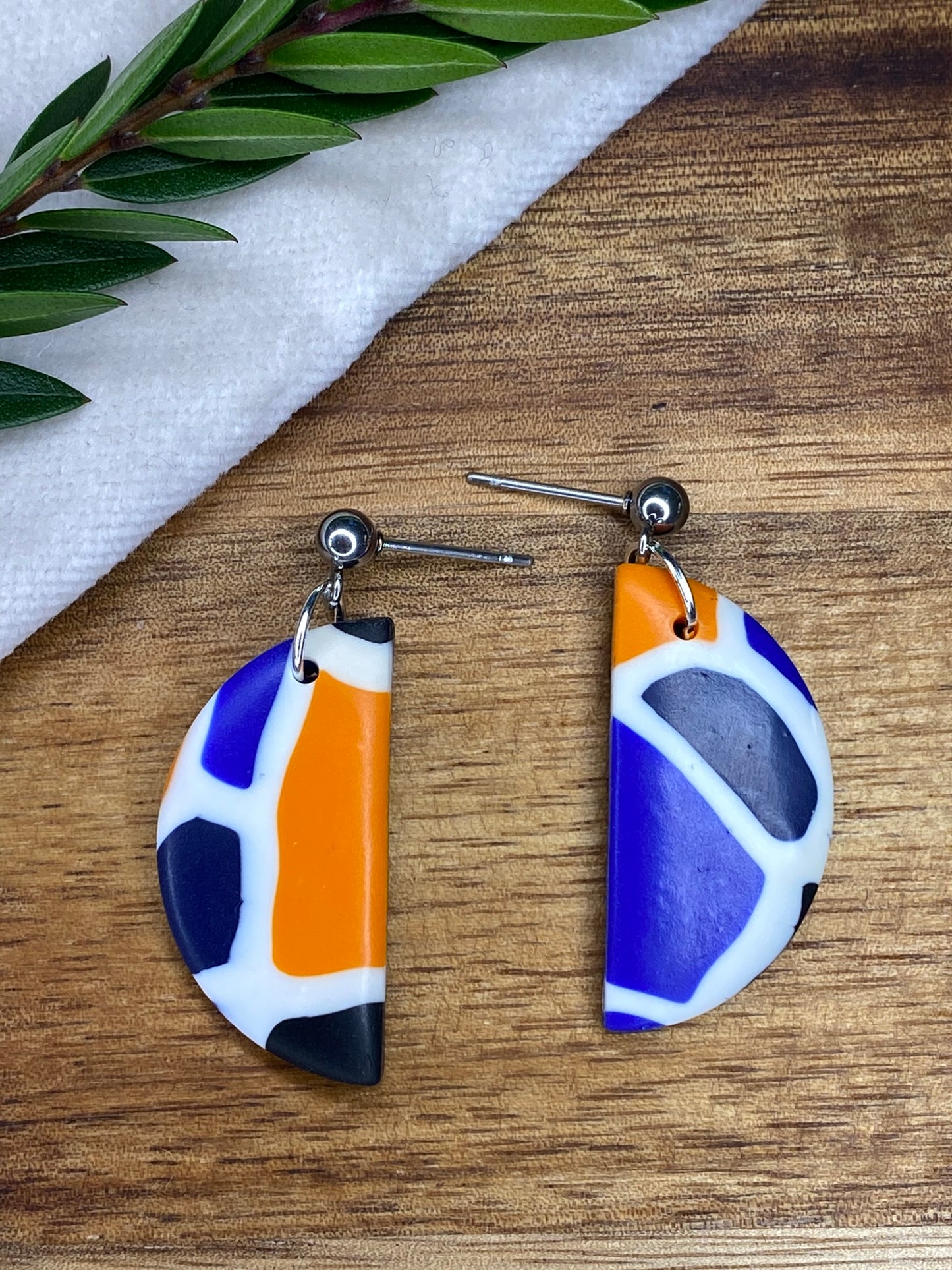 Medium dangles - blue, orange, white and black mix semi-circles