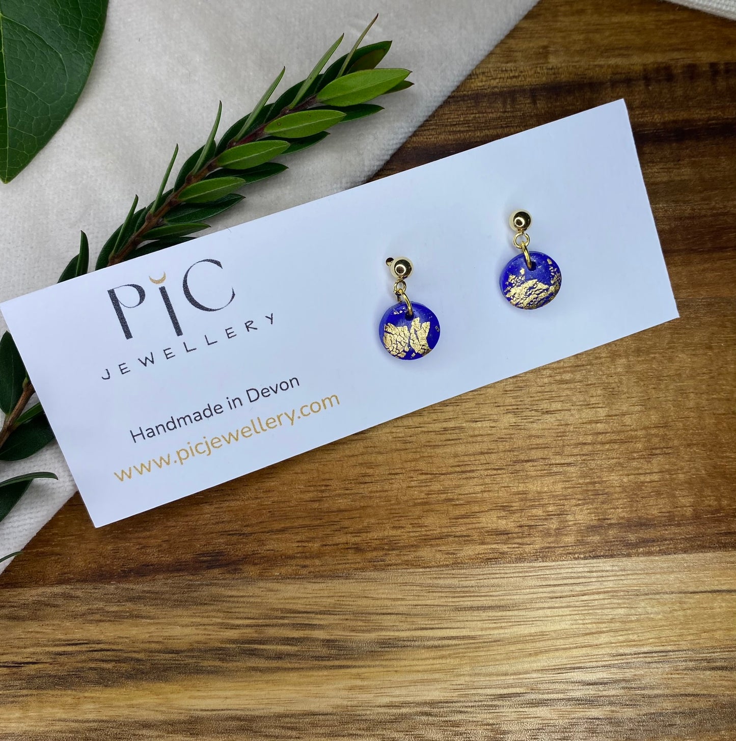 Dinky dangles - royal blue and gold leaf circles