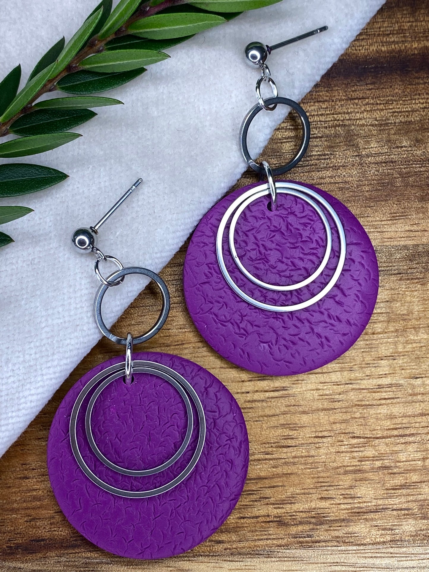 Statement dangles - textured purple large circles with stainless steel circles