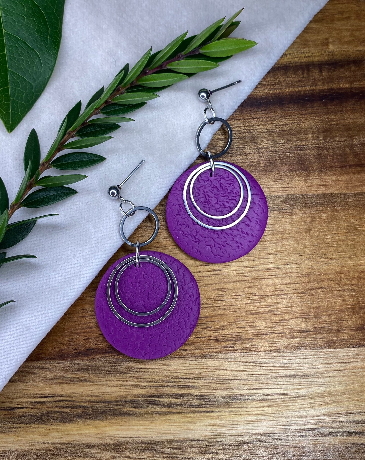 Statement dangles - textured purple large circles with stainless steel circles