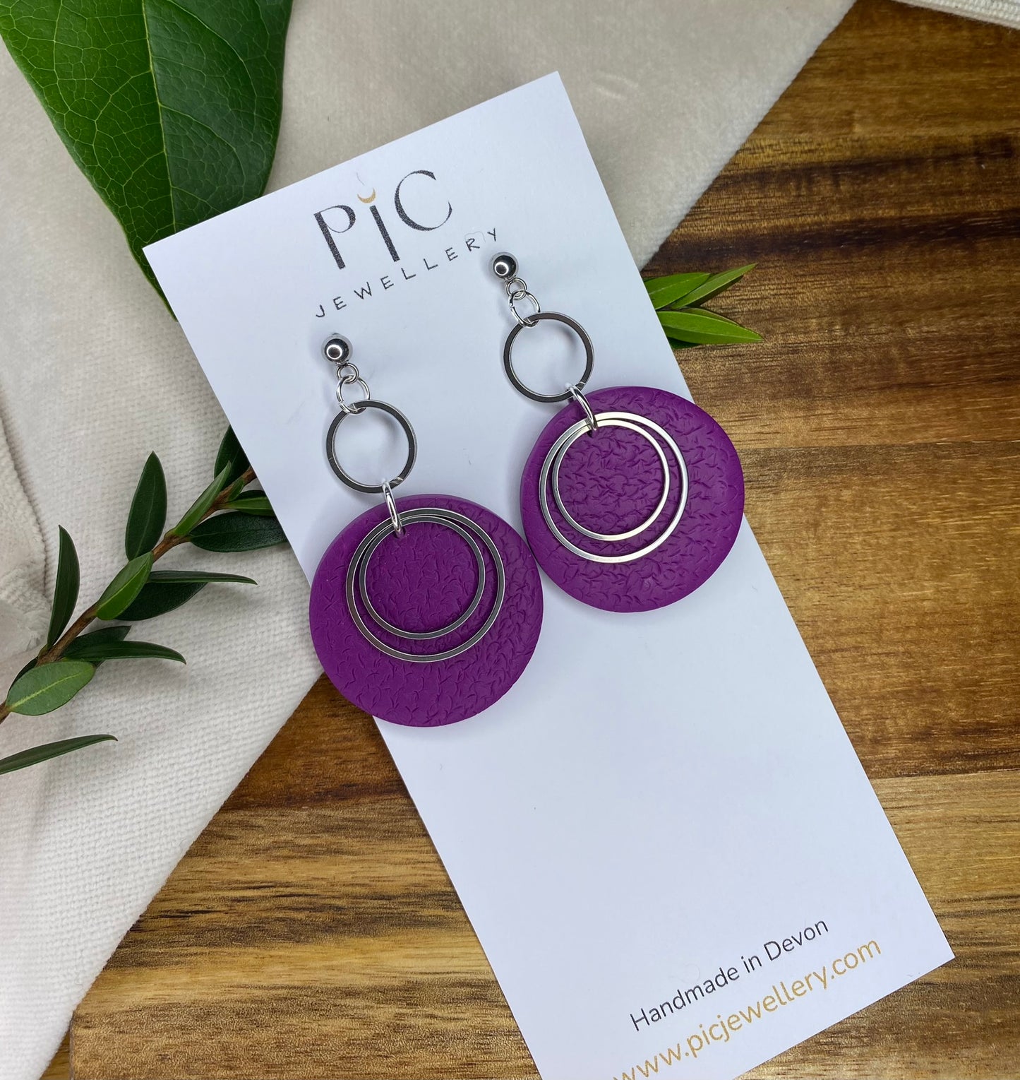 Statement dangles - textured purple large circles with stainless steel circles