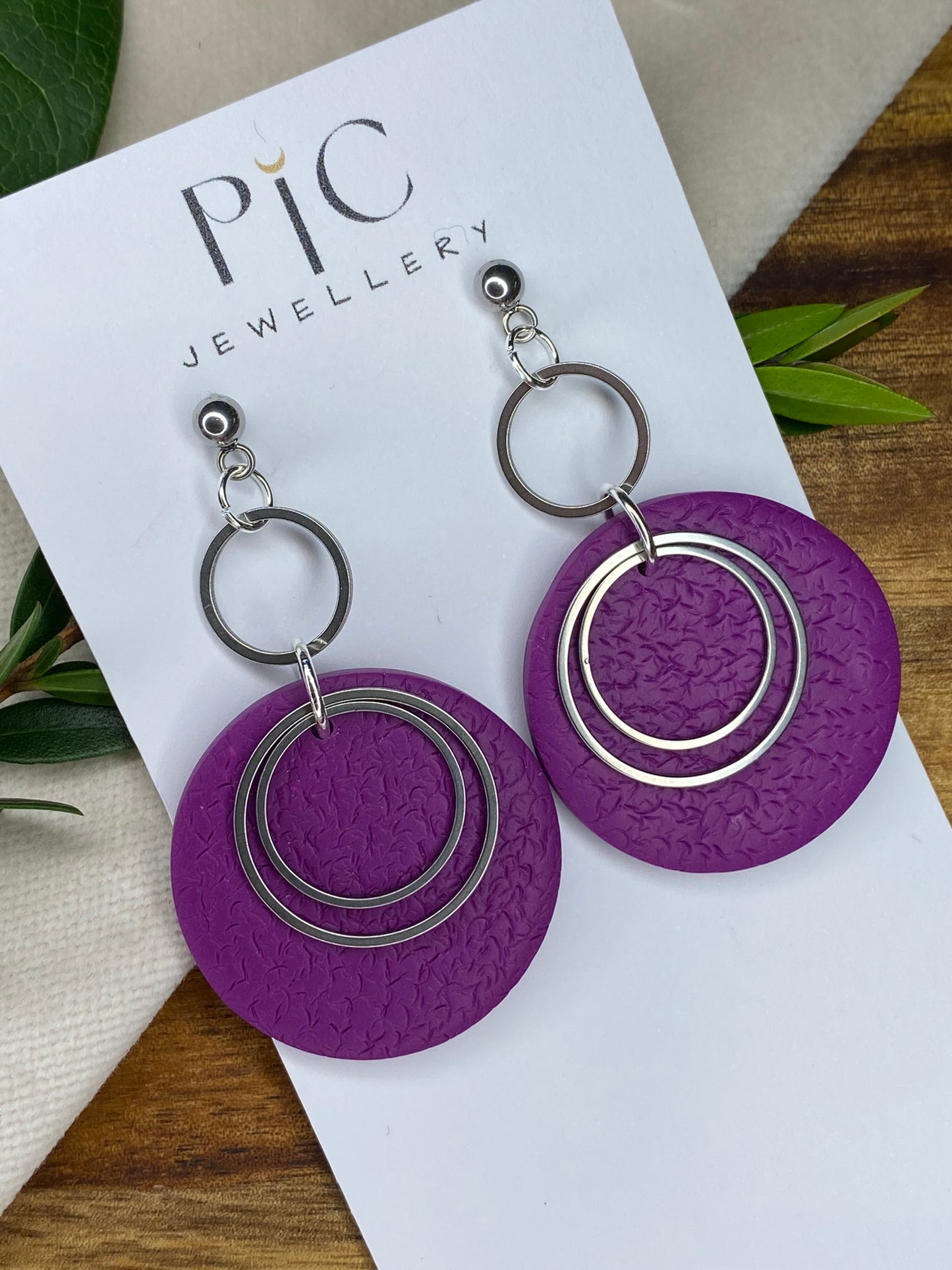 Statement dangles - textured purple large circles with stainless steel circles