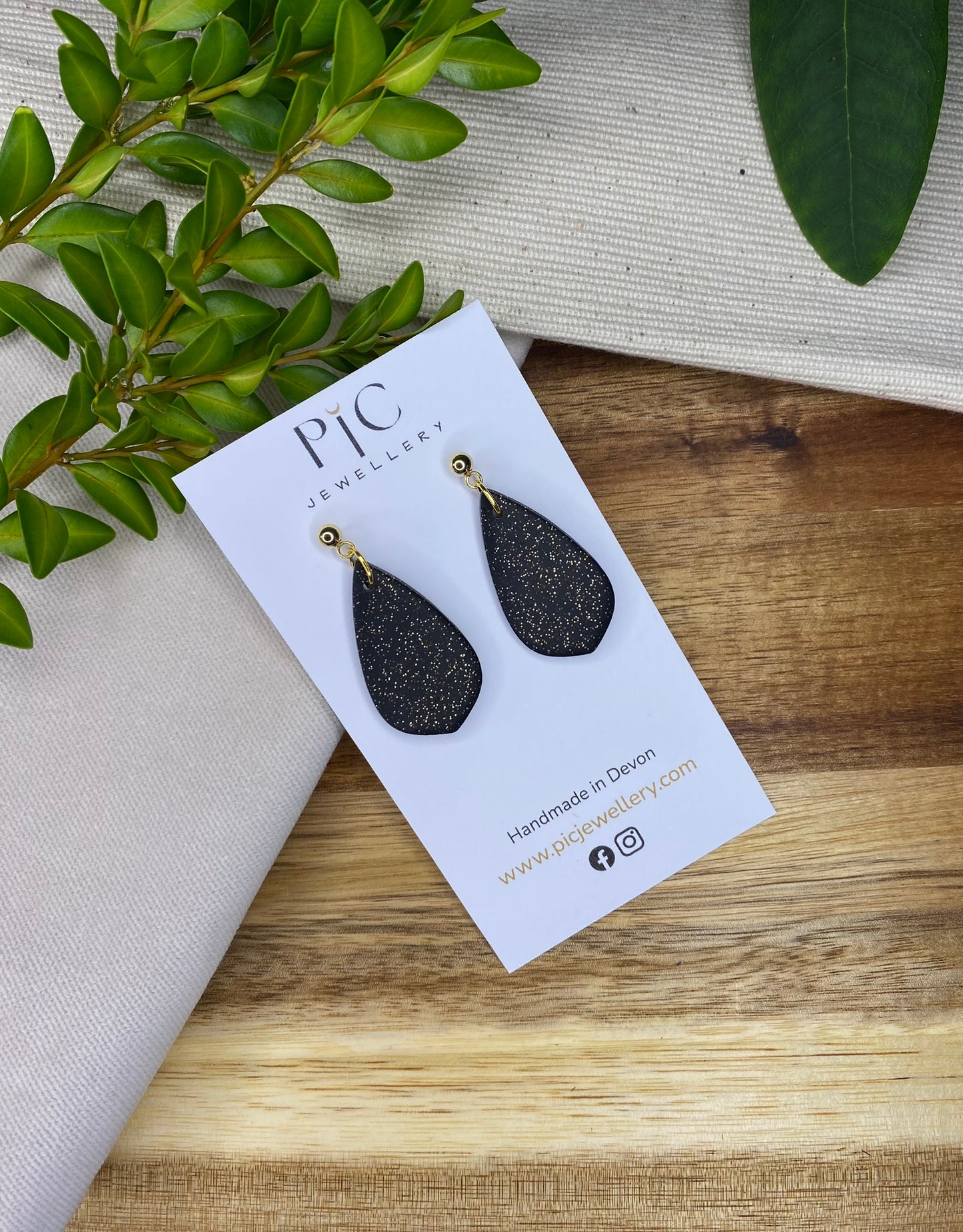Medium dangles - black with gold glitter teardrops