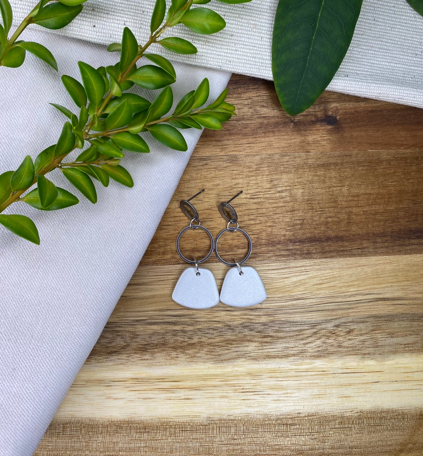 Statement dangles - pearlescent rounded trapezium and silver circle
