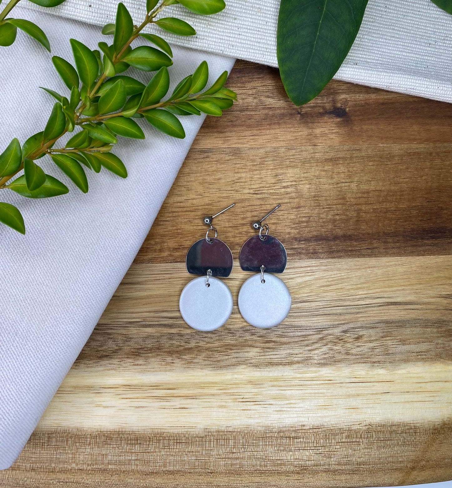 Statement dangles - pearlescent circles with stainless steel metal circle segment