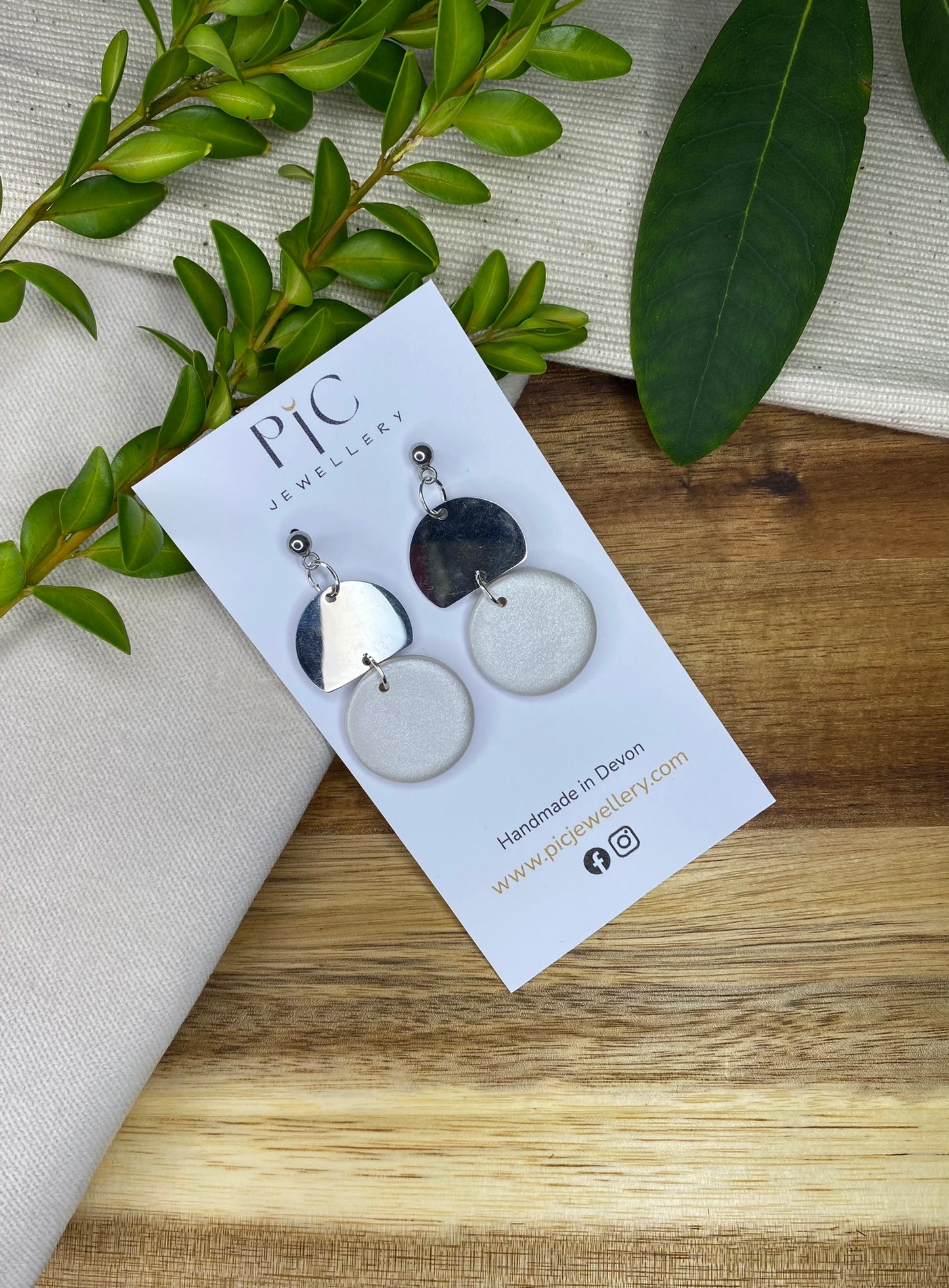 Statement dangles - pearlescent circles with stainless steel metal circle segment