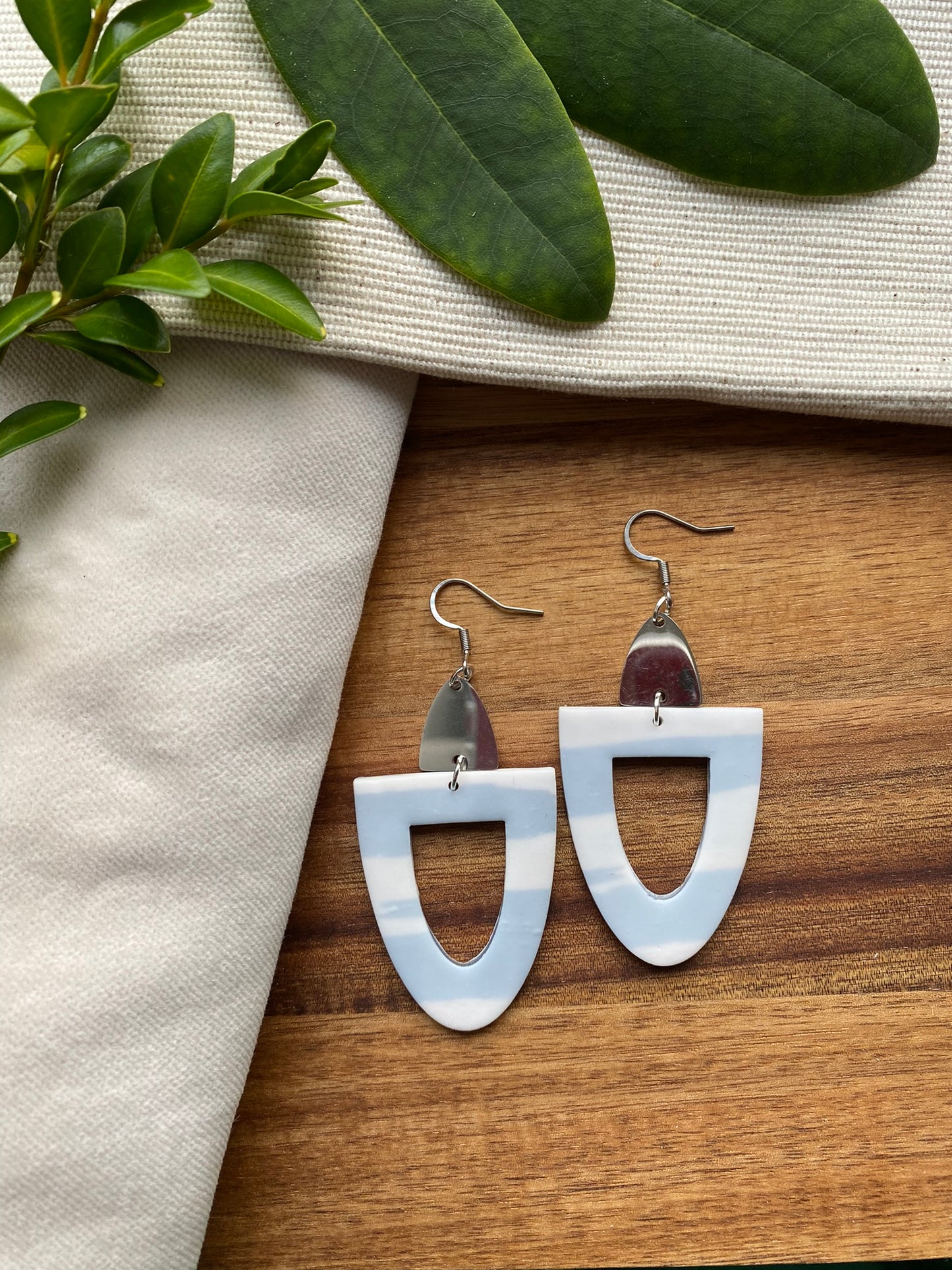 Statement dangles - white and grey arches with stainless steel metal arch