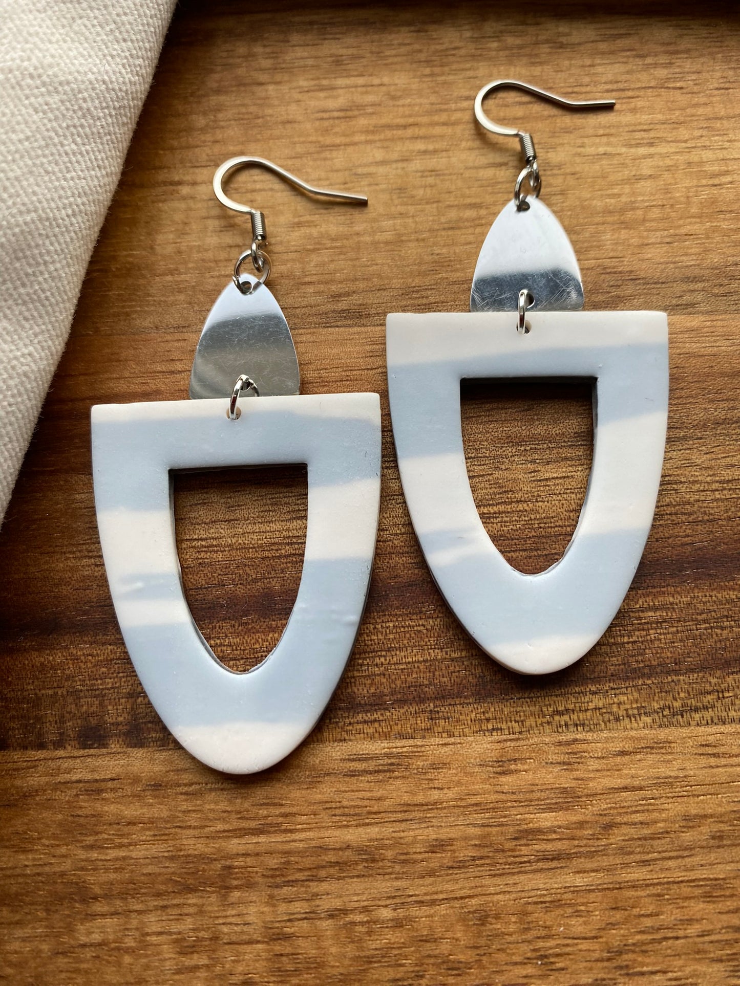 Statement dangles - white and grey arches with stainless steel metal arch