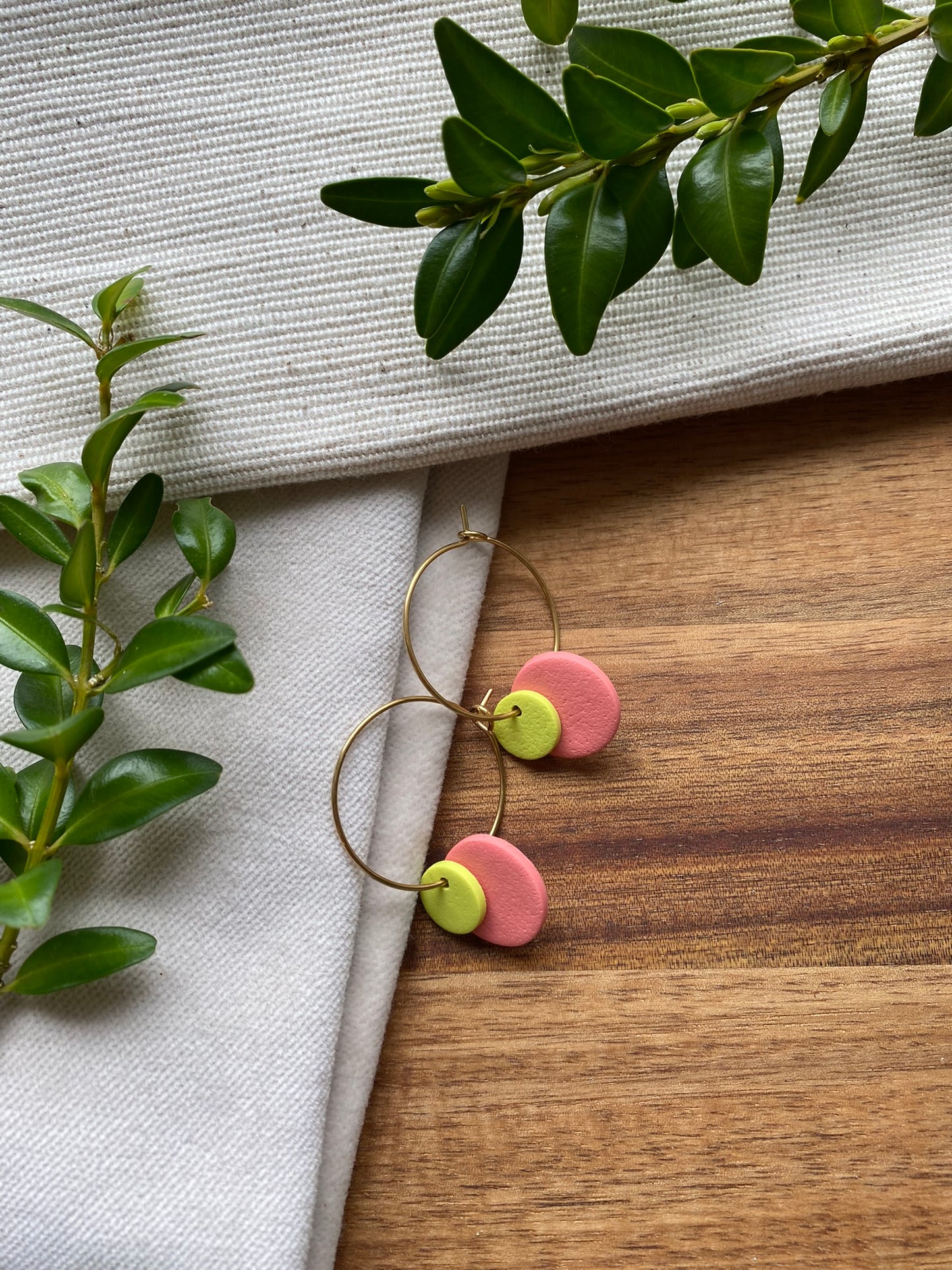 Hoops - double dots - lime and coral on gold hoops