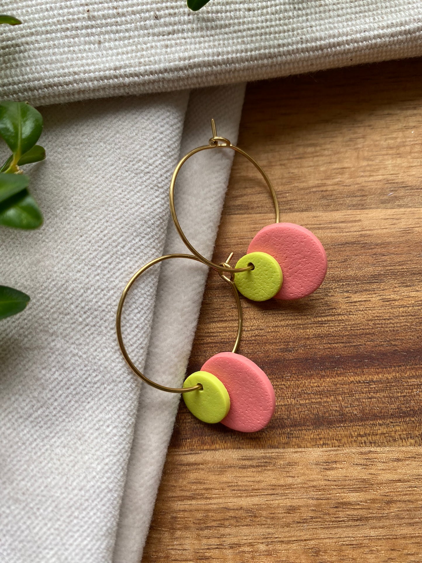 Hoops - double dots - lime and coral on gold hoops