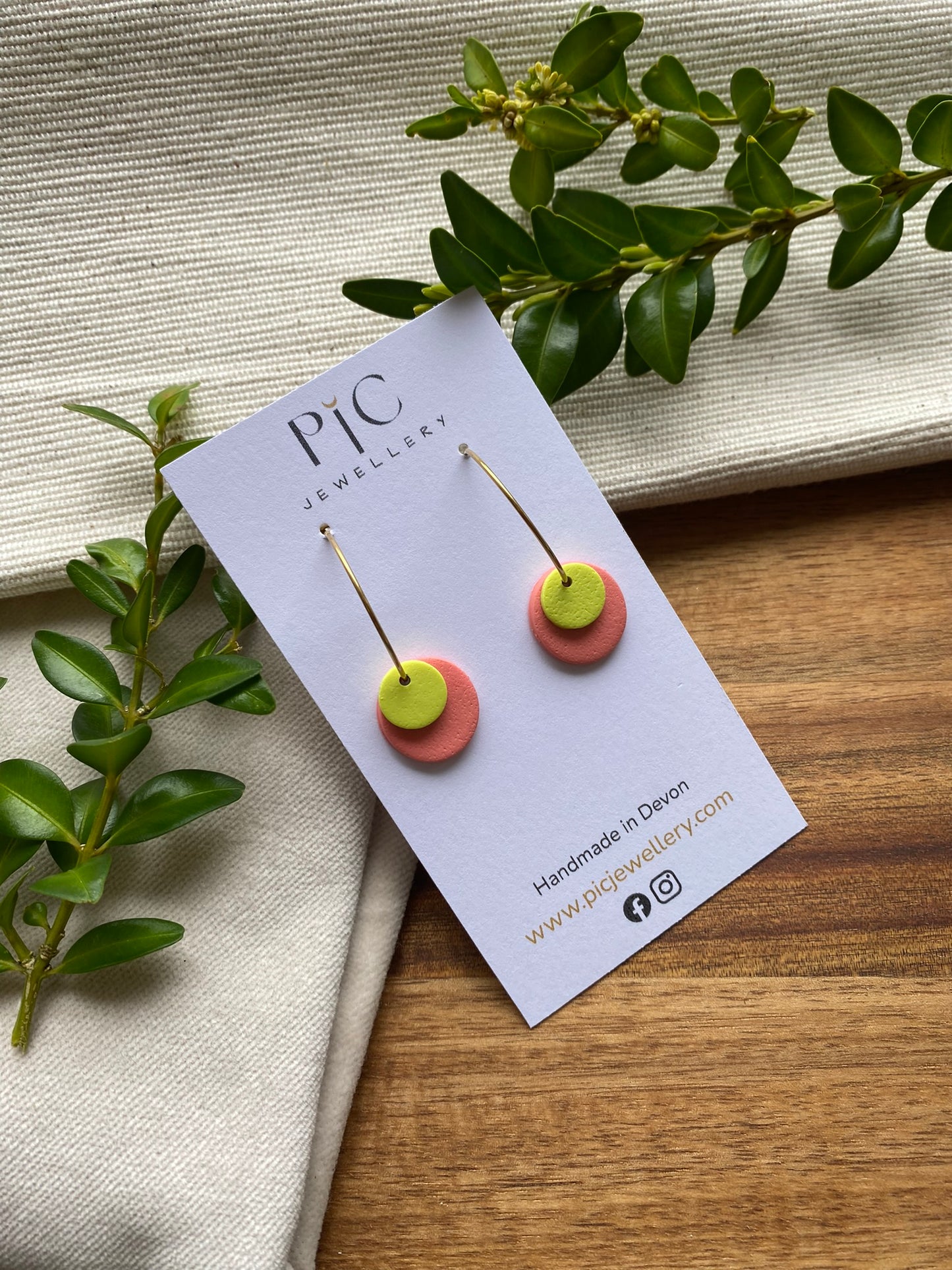Hoops - double dots - lime and coral on gold hoops
