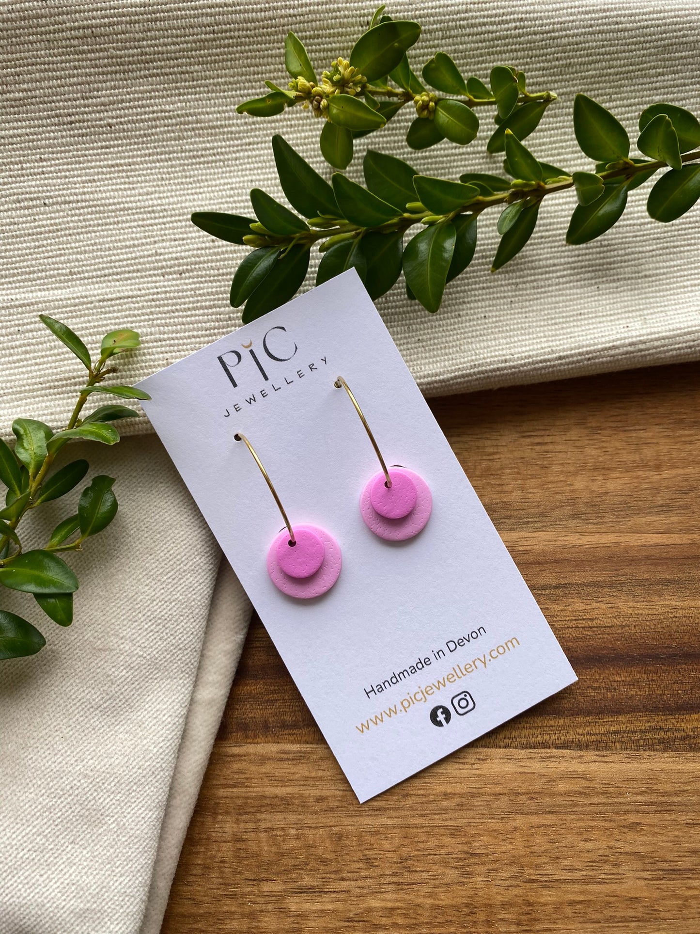 Hoops - double dots - pink tones on gold hoops