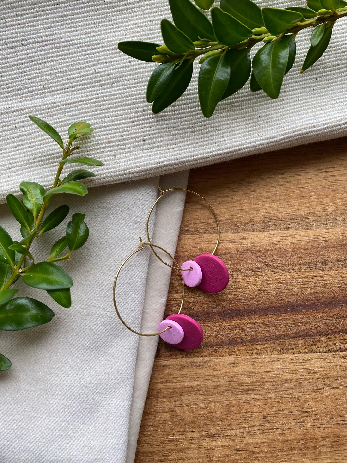 Hoops - double dots - pink tones on silver hoops