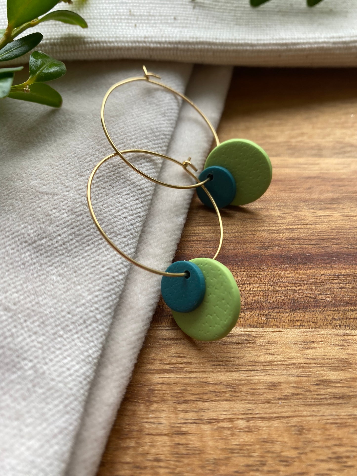 Hoops - double dots - green tones on gold hoops