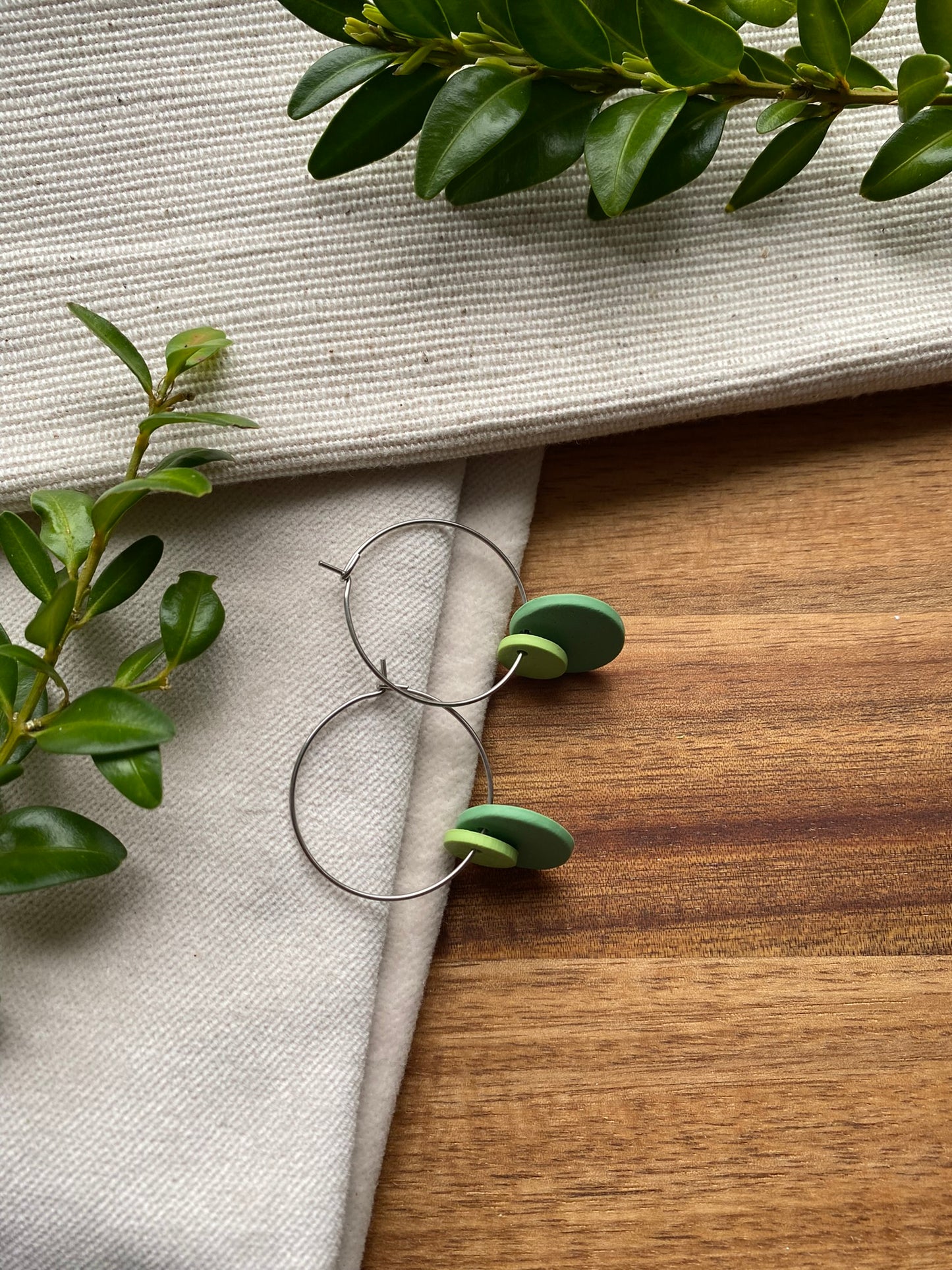 Hoops - double dots - green tones on silver hoops