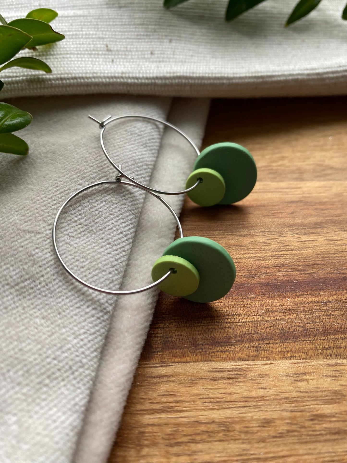 Hoops - double dots - green tones on silver hoops