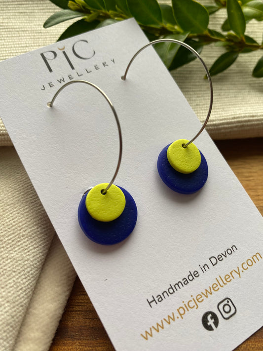 Hoops - double dots - lime and navy blue on silver hoops