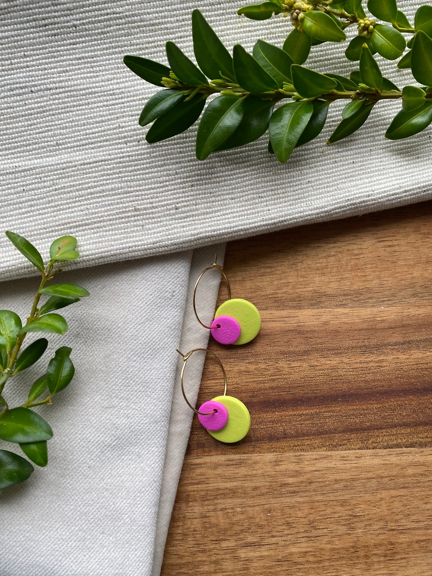 Hoops - double dots - bright pink and lime on gold hoops