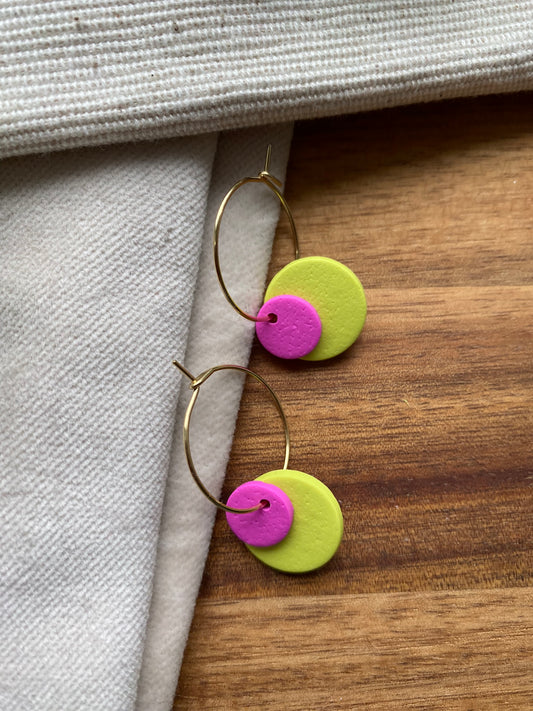 Hoops - double dots - bright pink and lime on gold hoops