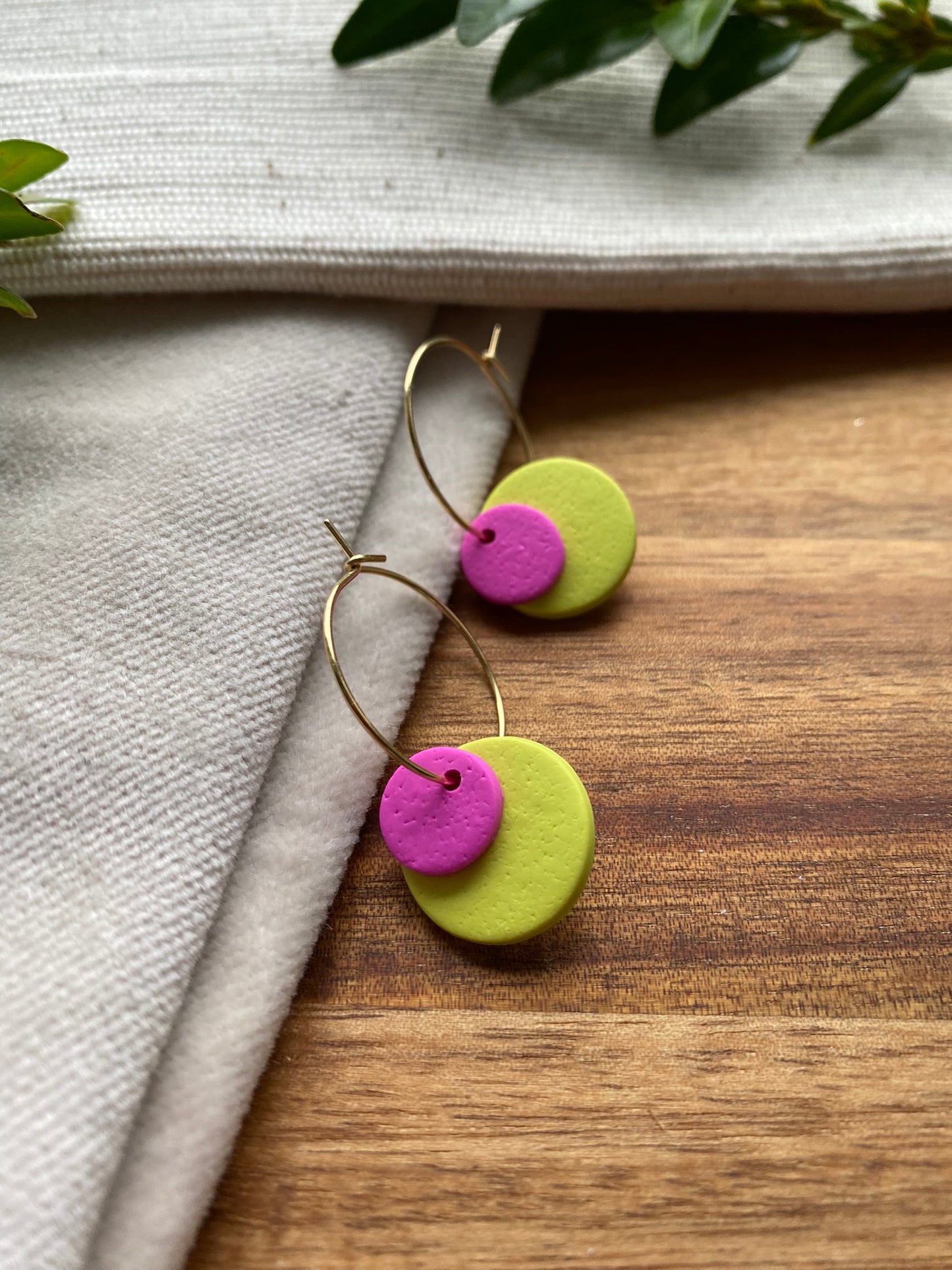 Hoops - double dots - bright pink and lime on gold hoops