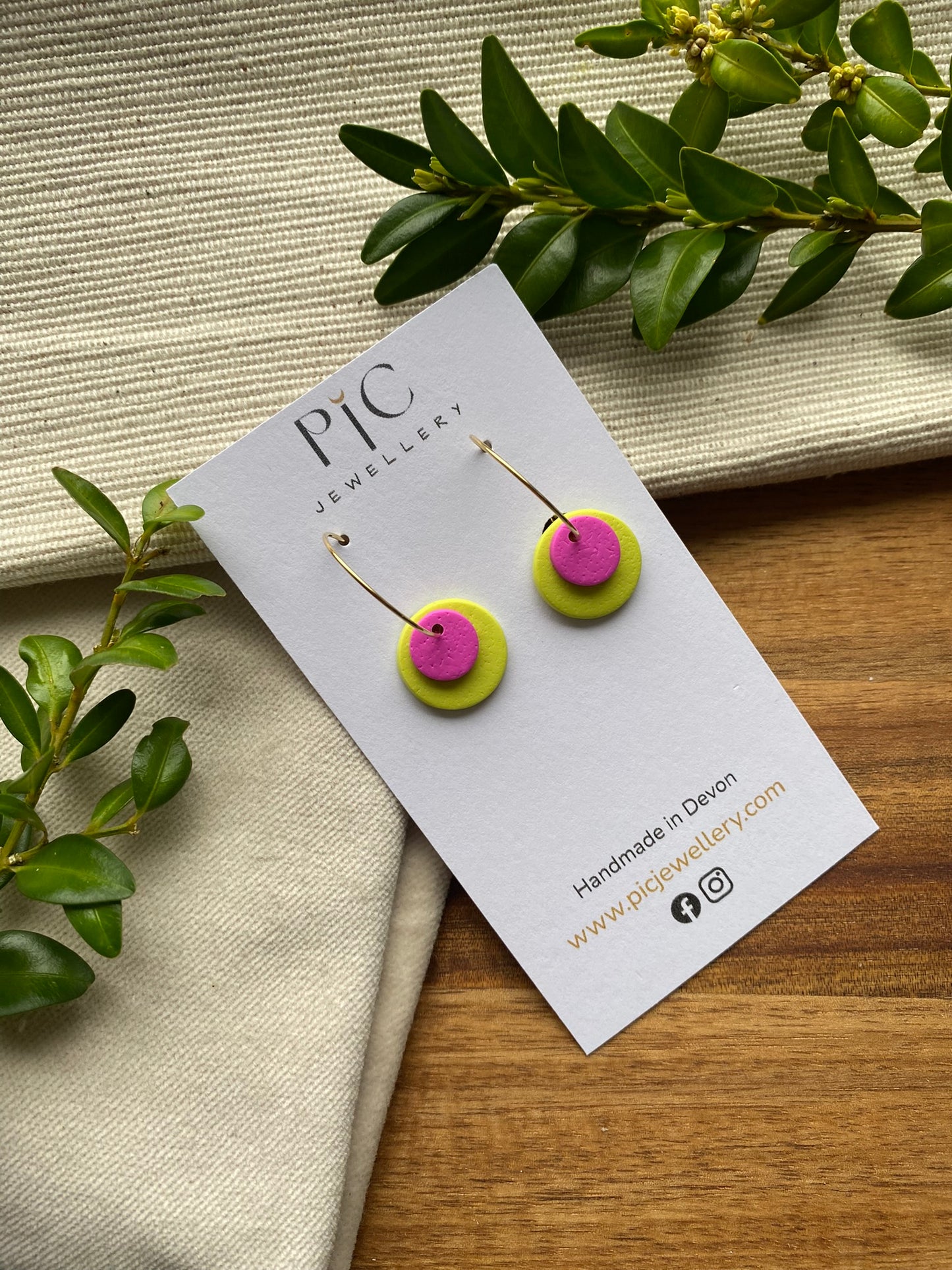 Hoops - double dots - bright pink and lime on gold hoops