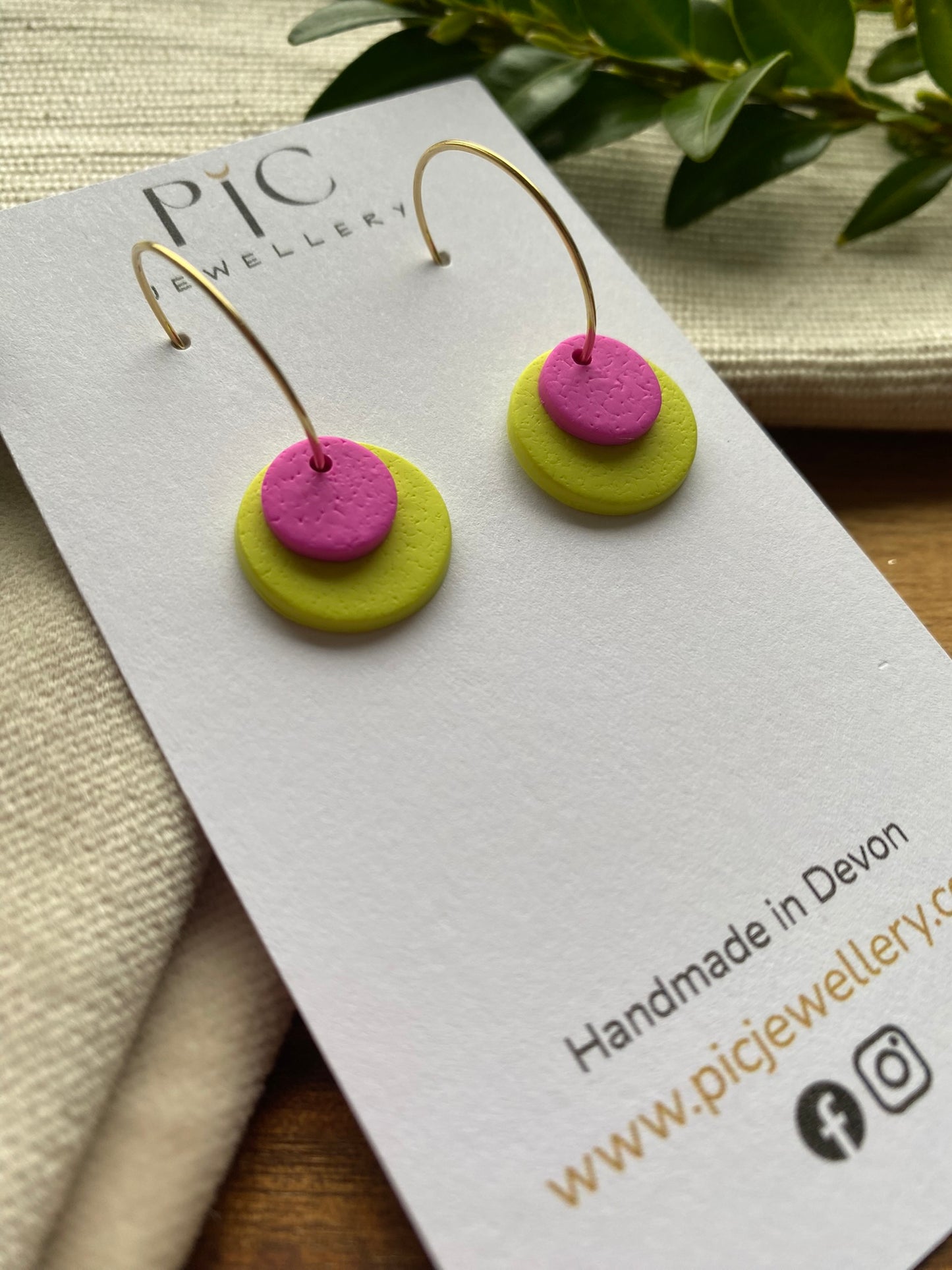 Hoops - double dots - bright pink and lime on gold hoops