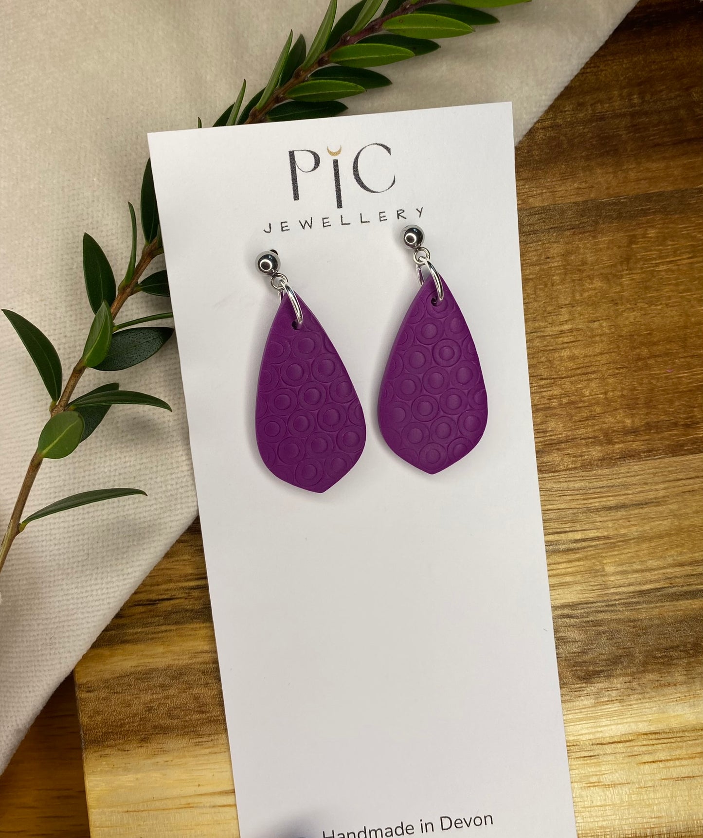 Medium dangles - tiny circle textured purple teardrops