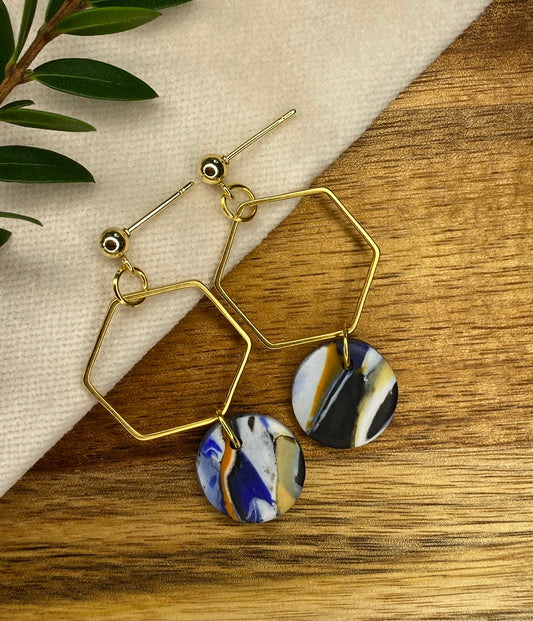 Statement dangles - blue, orange, white and black mix circles with gold hexagon