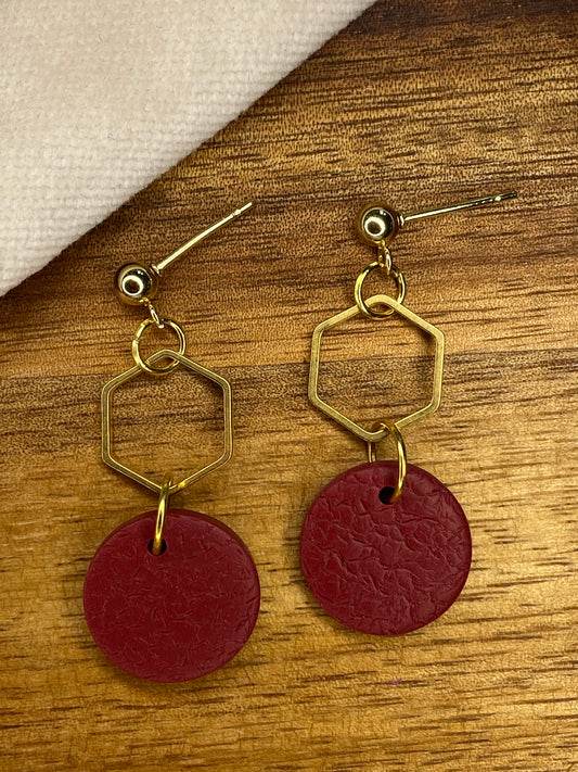 Medium dangles - textured burgundy circles with gold hexagon