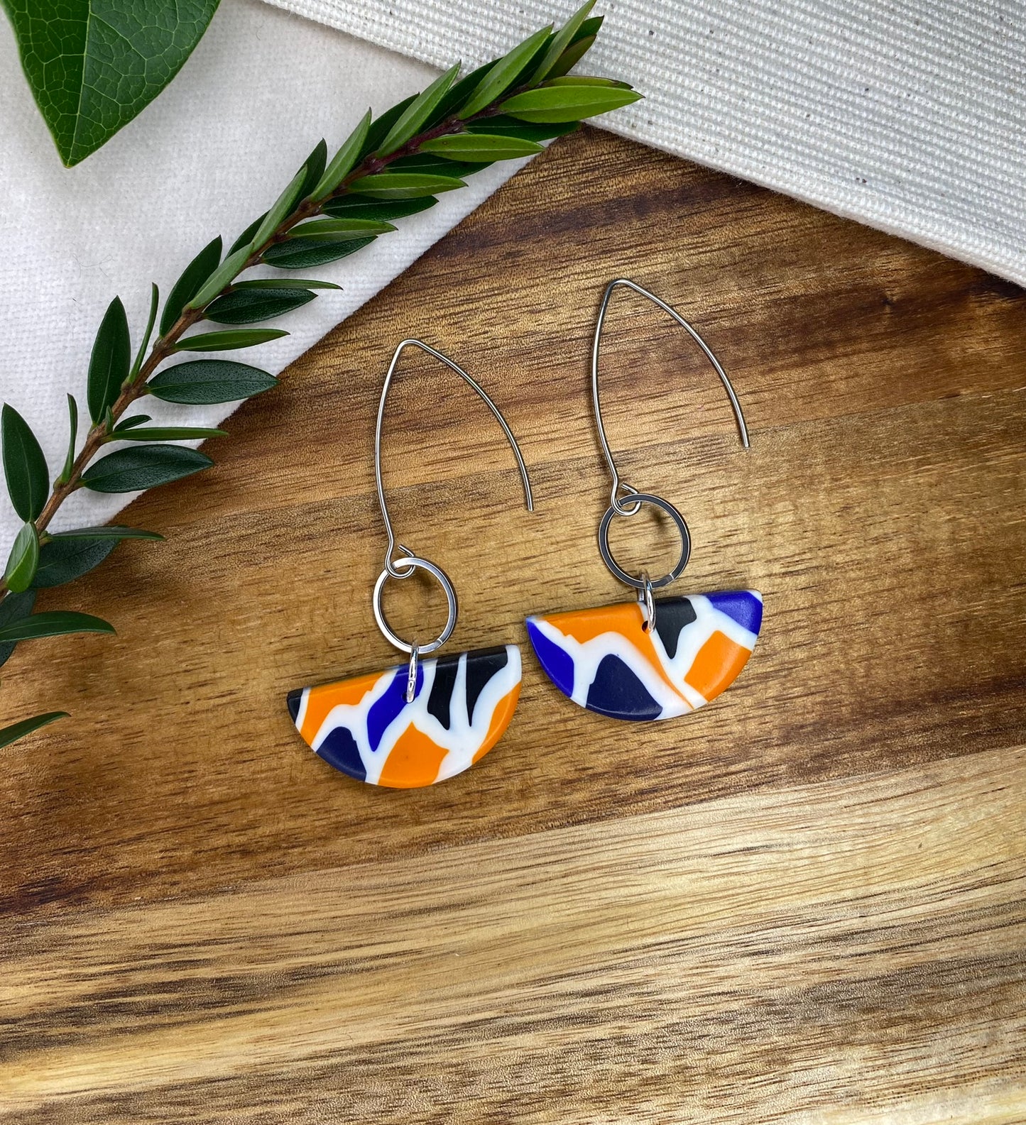 Statement dangles - blue, orange, white and black mix semi-circles