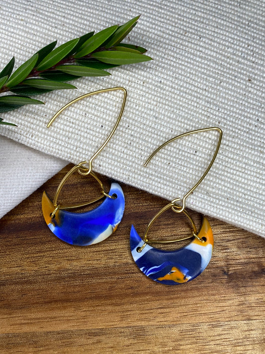 Statement dangles - blue, orange, white and black mix moons with gold triangle