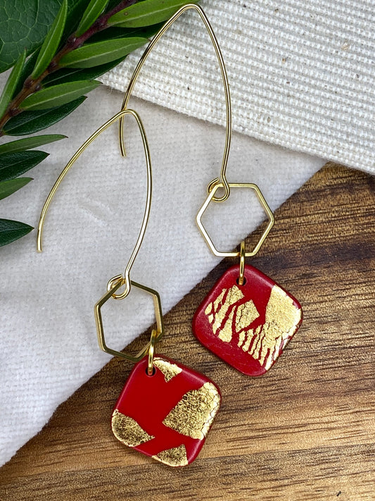 Statement dangles - red and gold square with gold metal hexagon