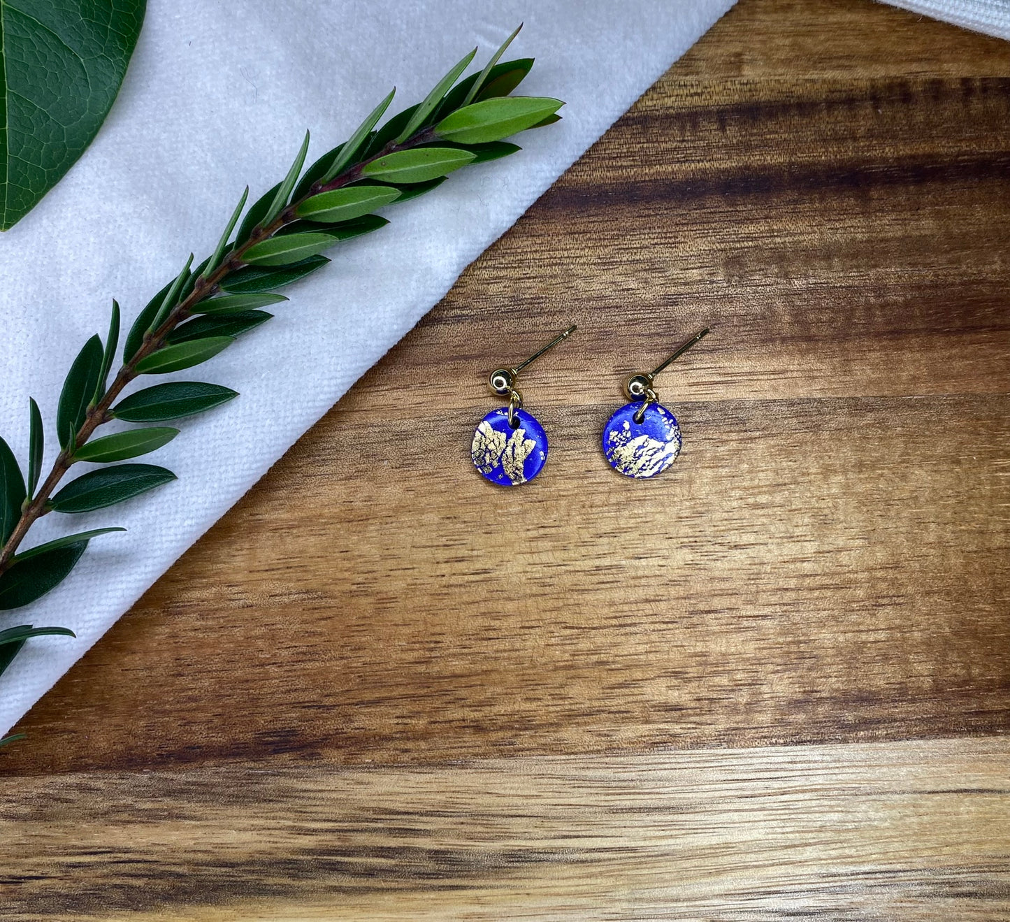 Dinky dangles - royal blue and gold leaf circles