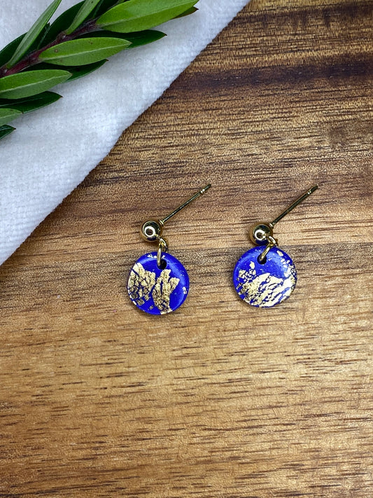 Dinky dangles - royal blue and gold leaf circles
