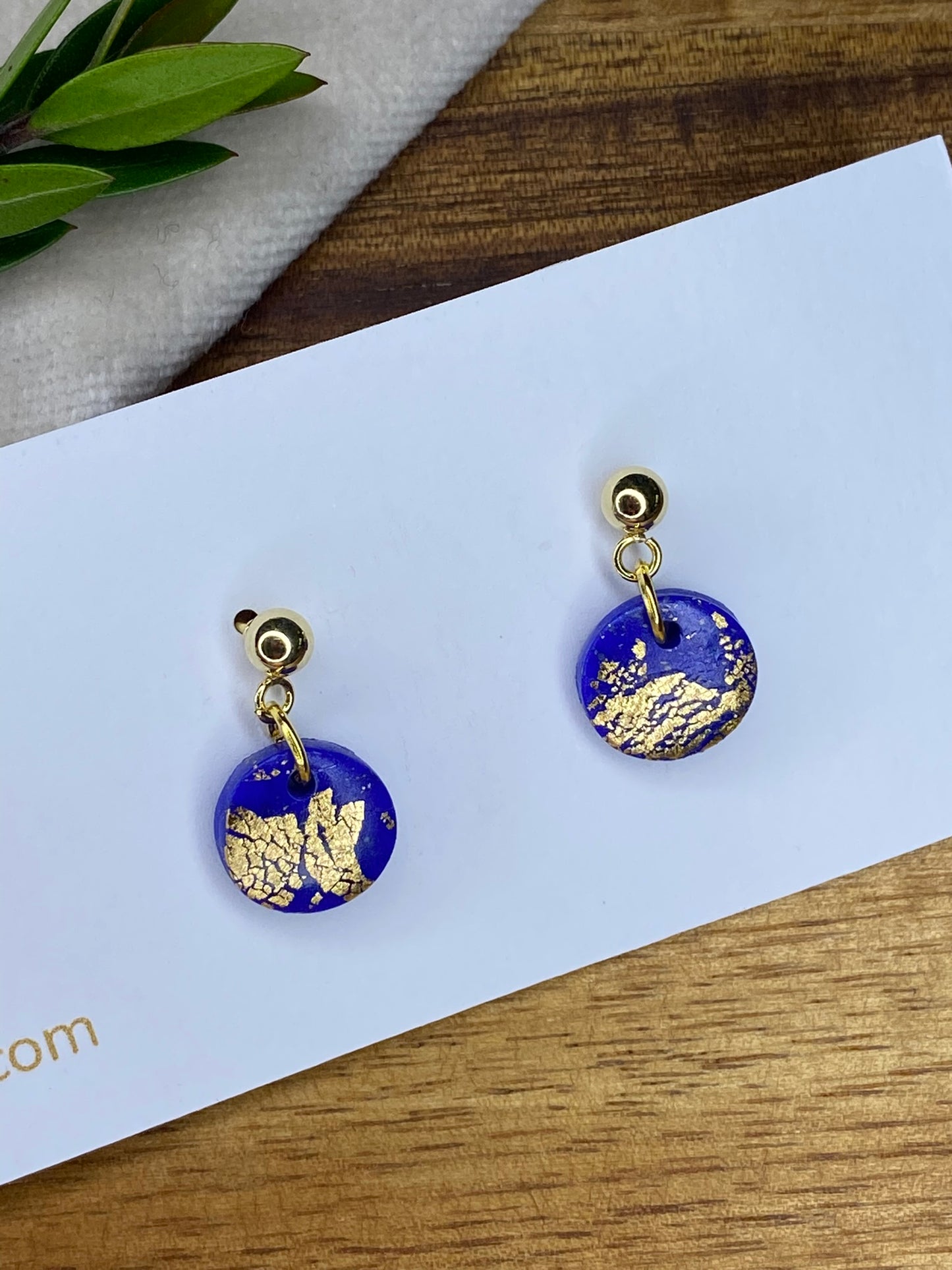 Dinky dangles - royal blue and gold leaf circles