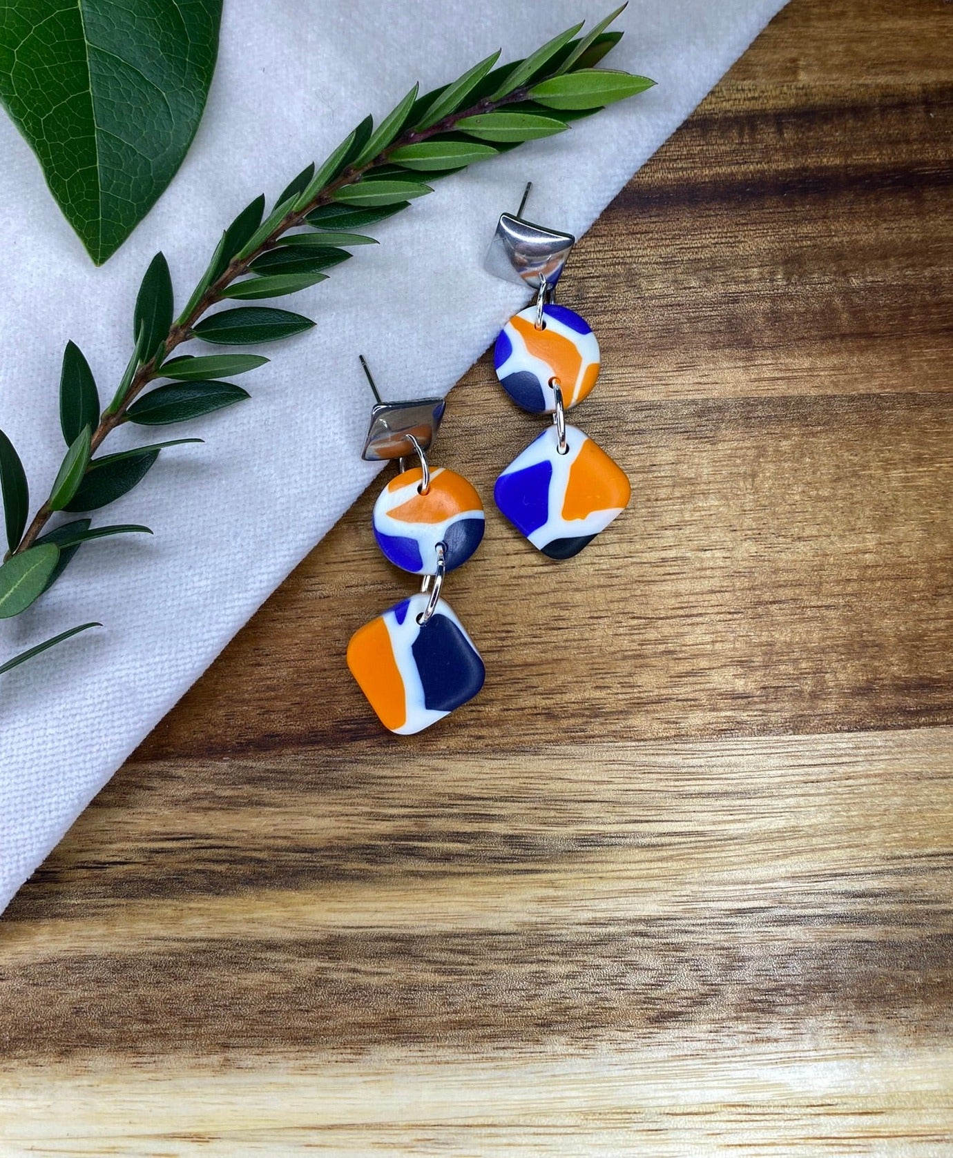 Statement dangles - blue, orange, white and black mix rhombus and circles