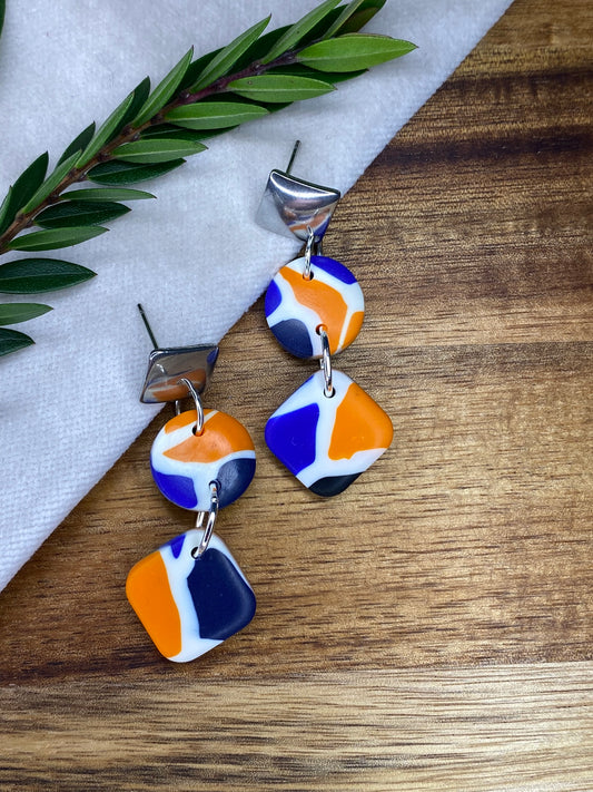 Statement dangles - blue, orange, white and black mix rhombus and circles