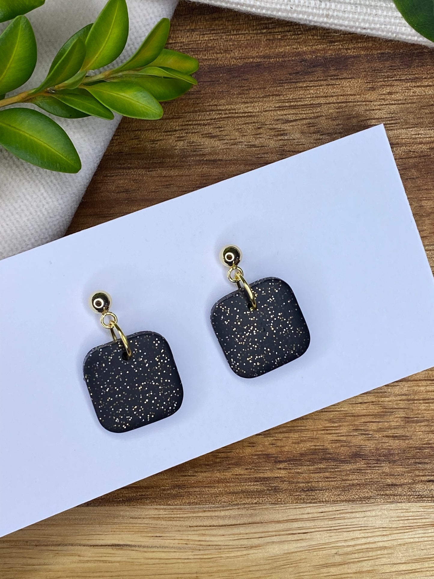 Dinky dangles - black with gold glitter squares